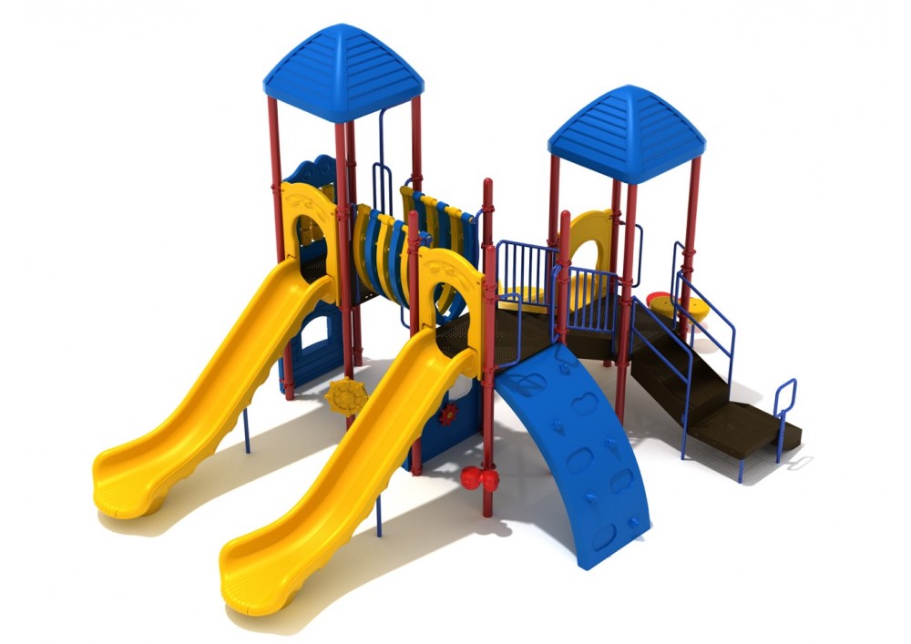 Ditch Plains Playground with twin yellow slides, blue climbing wall, red and blue frame, connecting tunnel, and activity panels