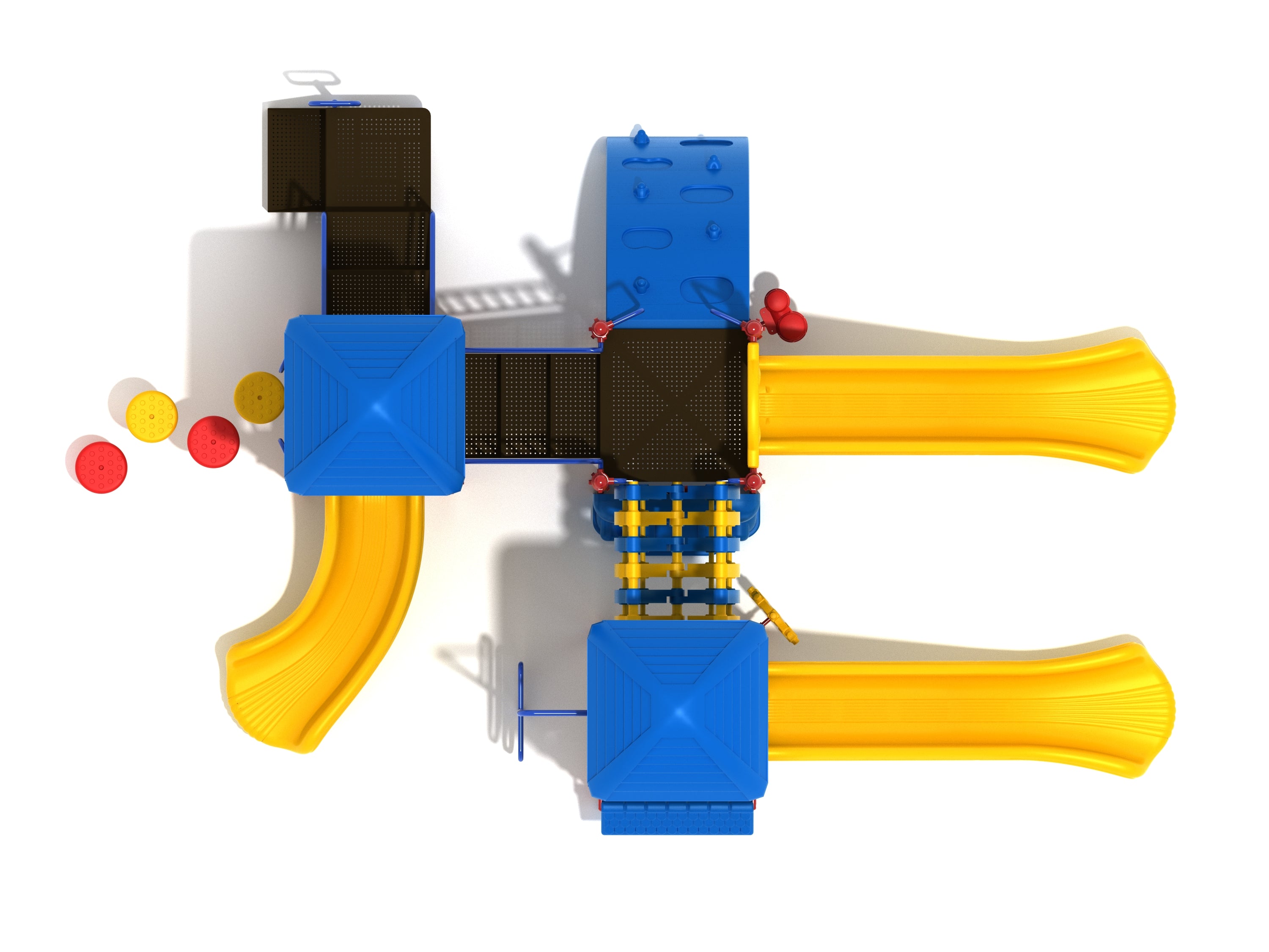 Overhead view of colorful playground with blue roofs, yellow slides, climbing elements, stepping stones, and activity panels