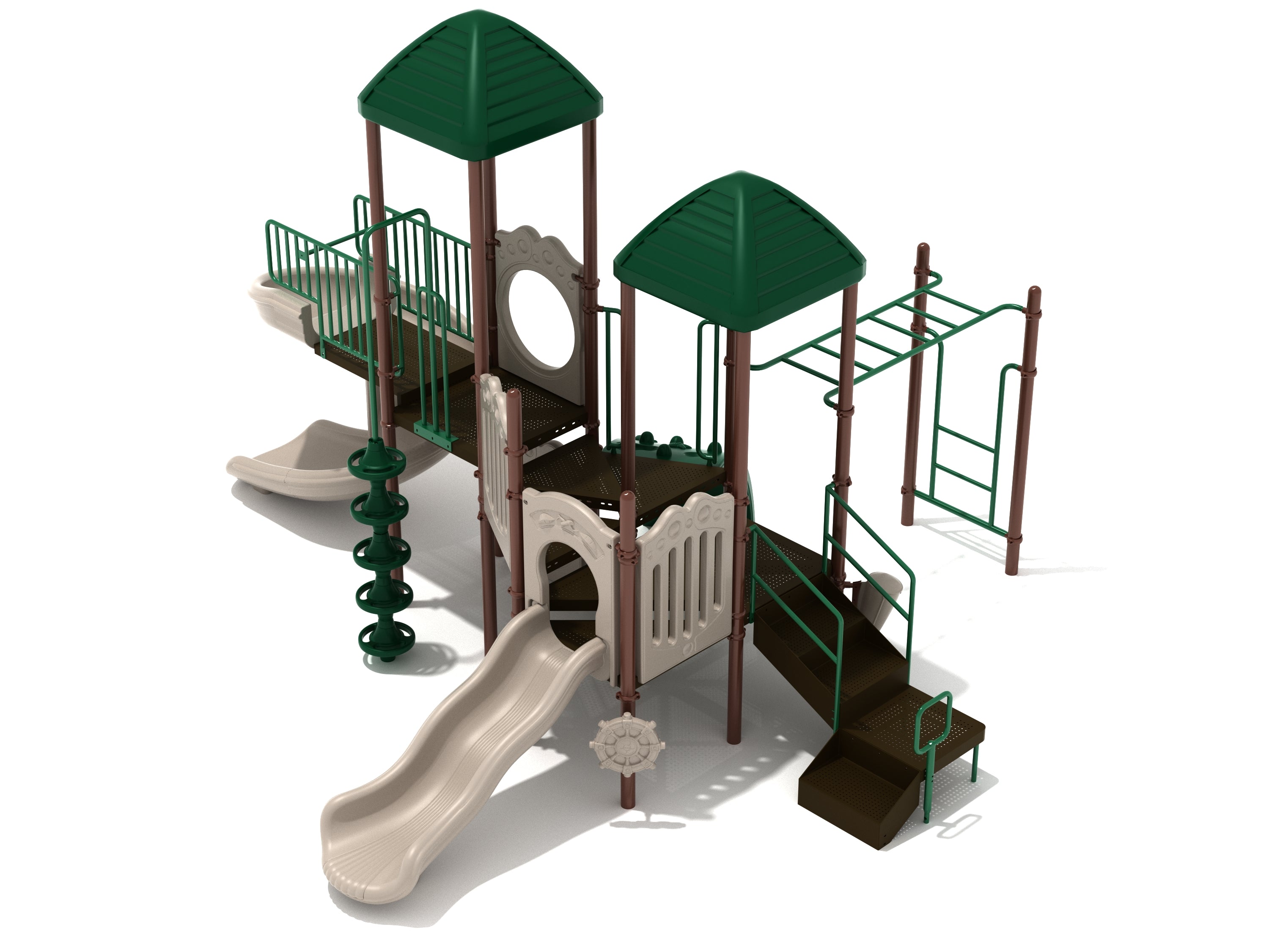 Outdoor playground structure with two green-roofed towers, beige slides, climbing elements, and monkey bars