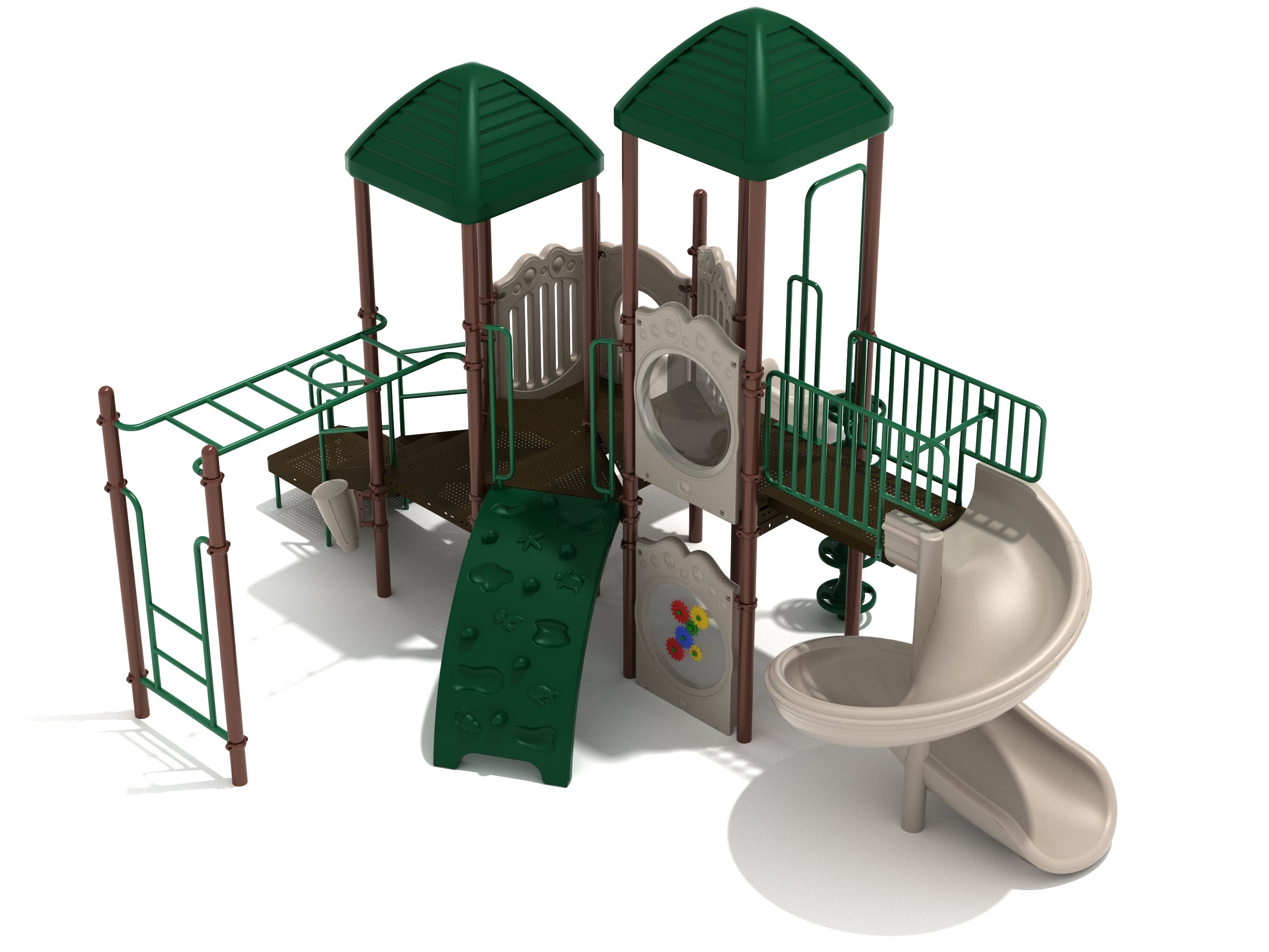 Neutral-toned playground with two green peaked roofs, spiral slide, climbing wall, monkey bars, and activity panels.