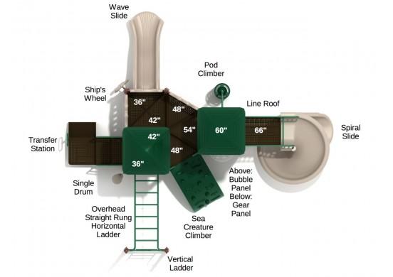 Overhead view of a large kids' playsystem with spiral and wave slides, pod climber, sea creature climber, ladders, and interactive panels