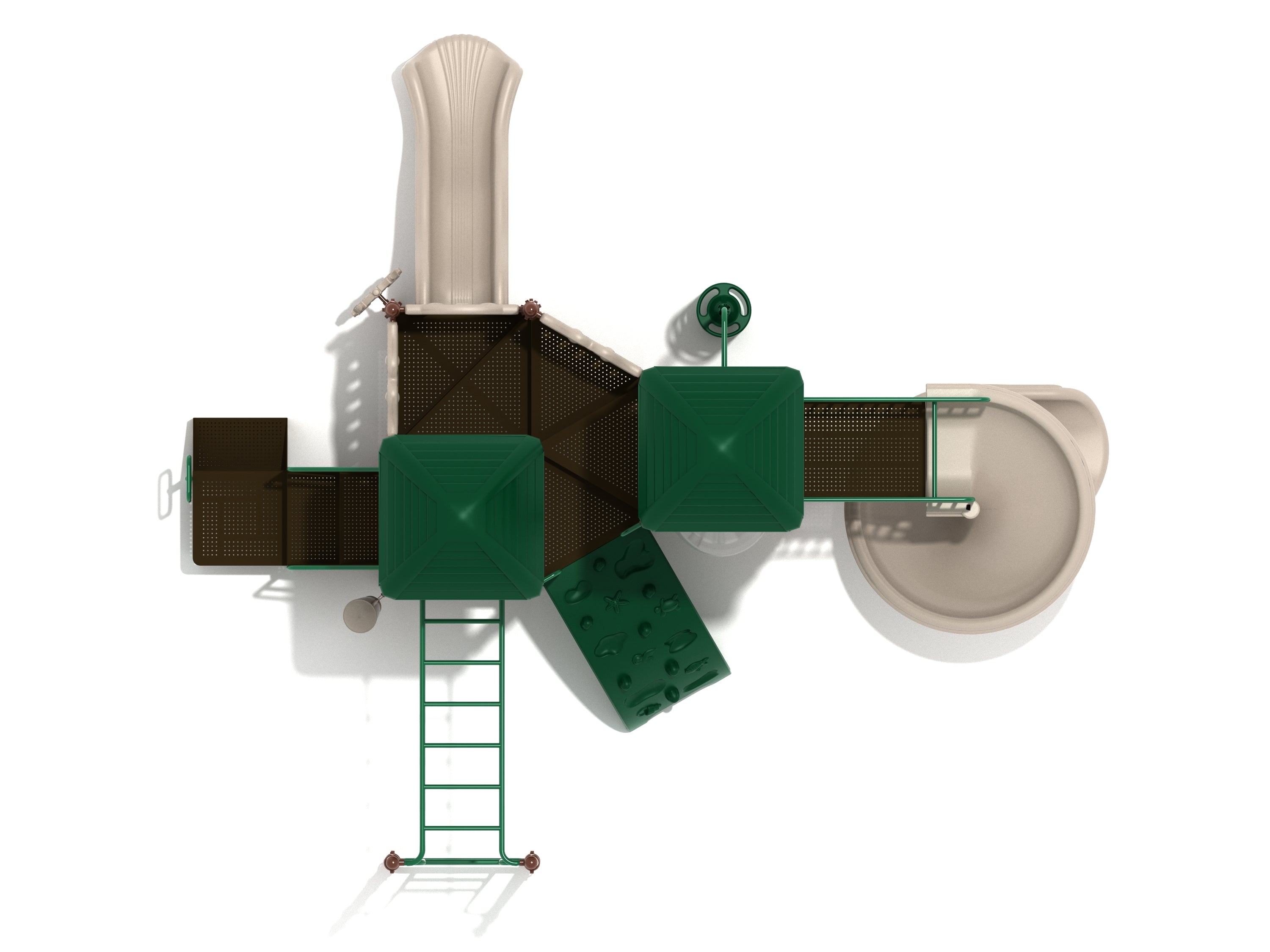 Overhead view of large playground structure with green roofs, beige slides, climbing wall, and horizontal ladder