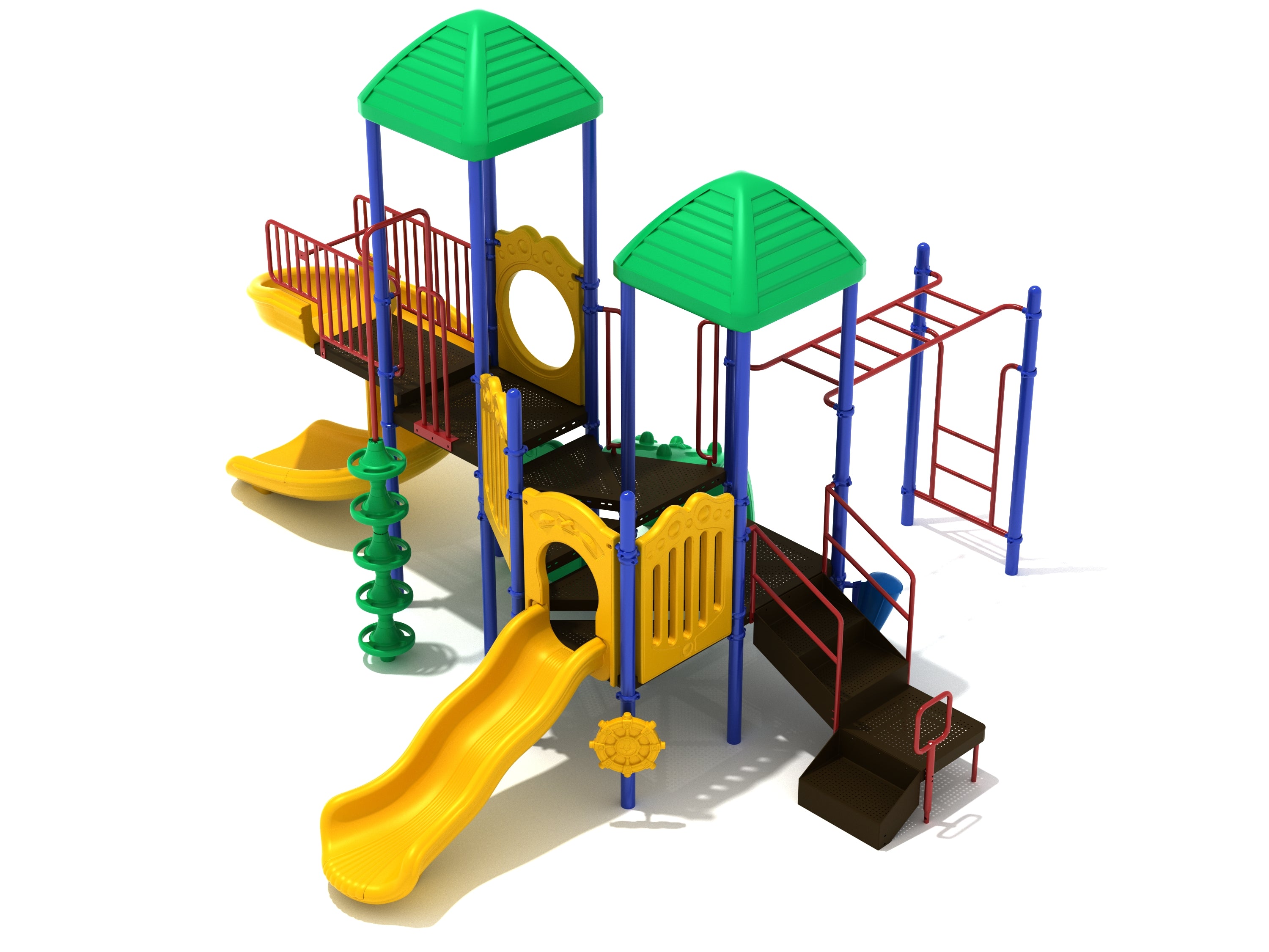 Colorful kids playground with green roofs, yellow panels, spiral and wave slides, climbing elements, and overhead ladder