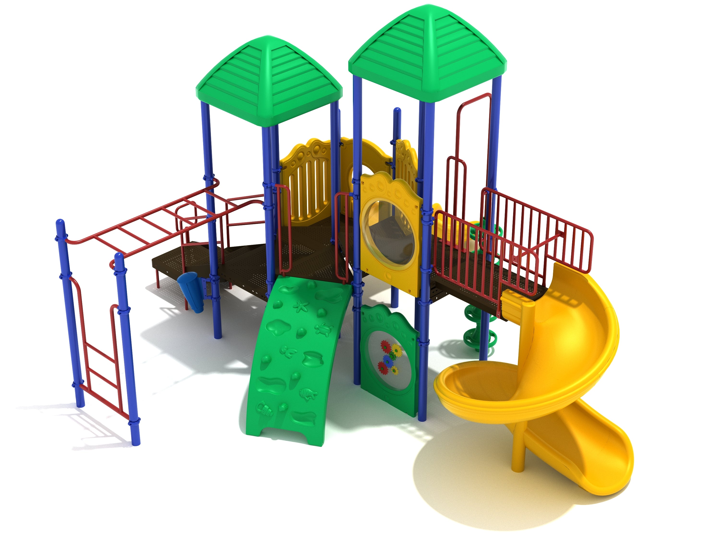 Coopers Neck Playsystem with green roofs, yellow spiral slide, green climber, red railings, and interactive gear panel