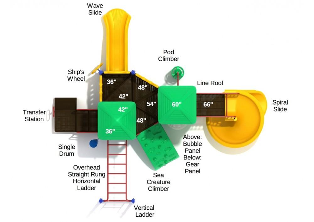 Overhead view of colorful playground with slides, climbers, ladders, interactive panels, and nautical-themed details