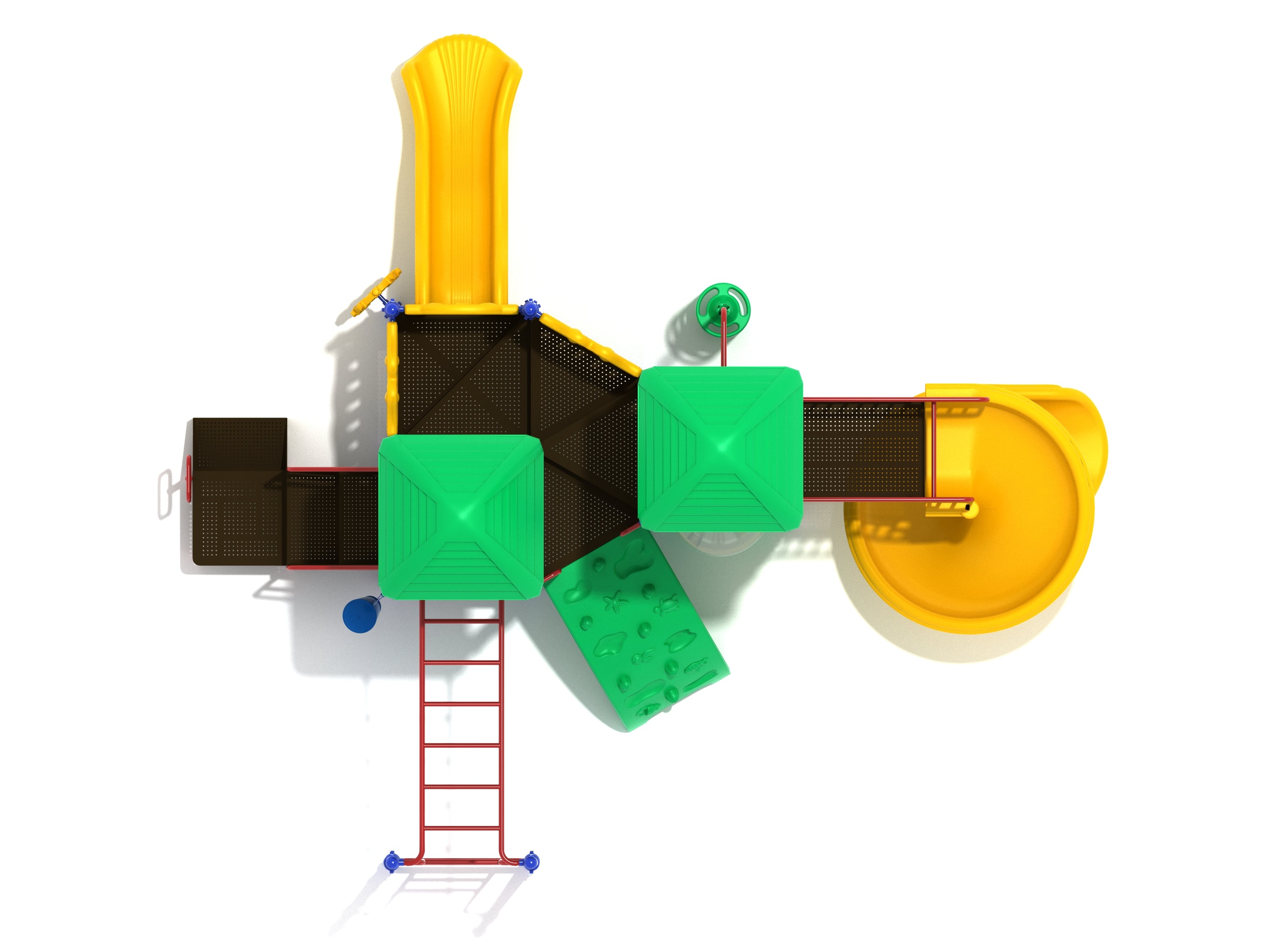 Overhead view of colorful playground with spiral and wave slides, climbers, horizontal ladder, bubble window, and gear panel