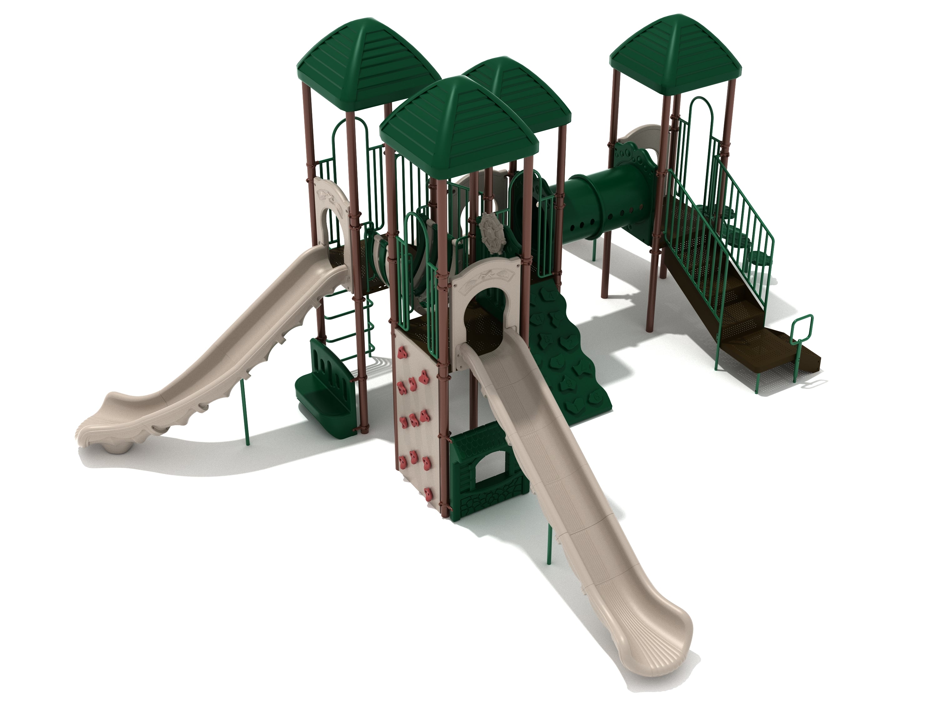 Green and beige multi-level playground with slides, climbing walls, stairs, tunnel, transfer station, drum, and ship's wheel