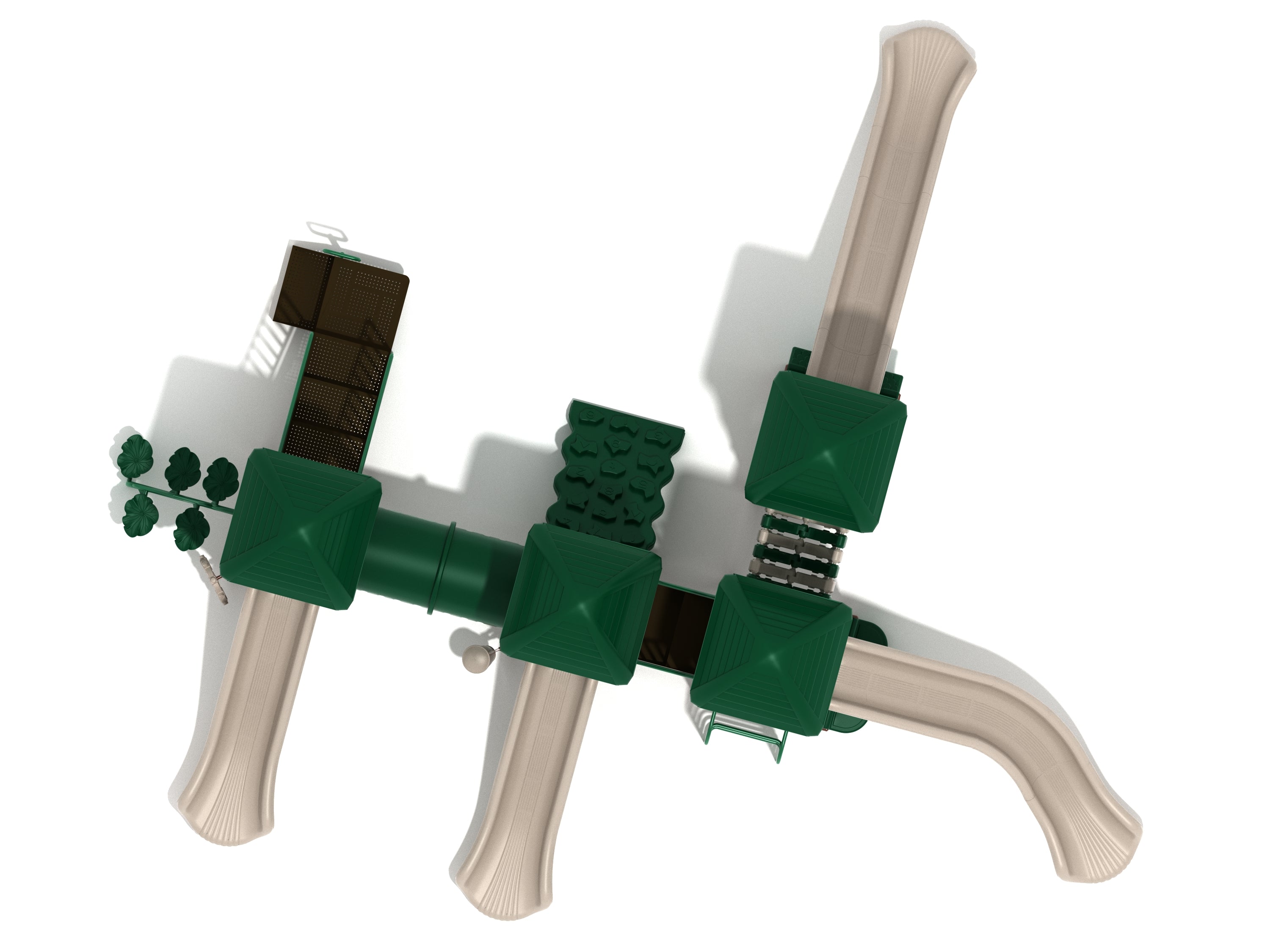 Overhead view of a large green and beige playground structure with multiple slides, climbing features, connecting bridges, and safety barriers