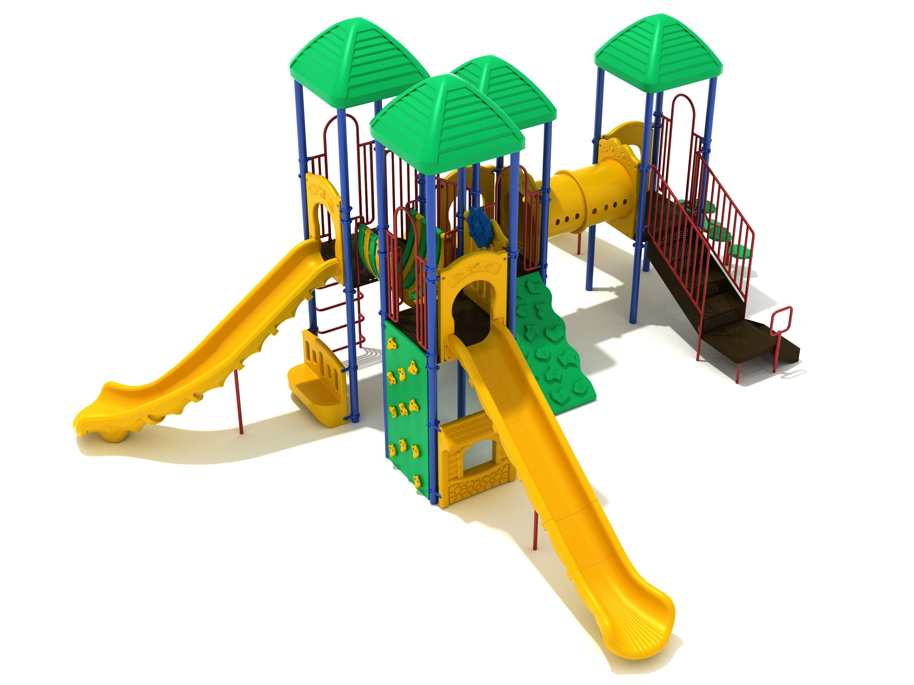 Colorful children's playground with green roofs, yellow slides, climbing walls, tube bridge, and red safety railings