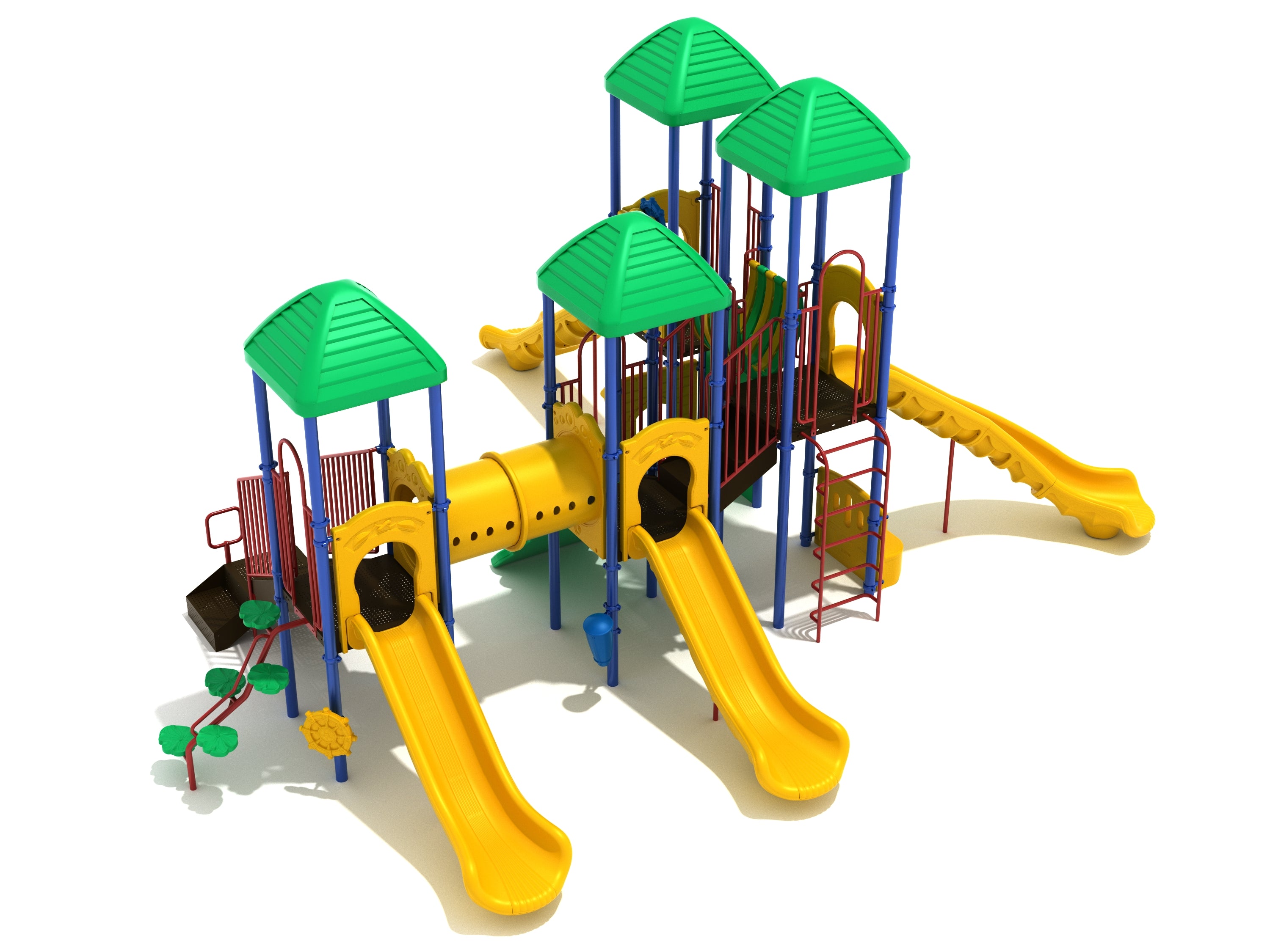 Figgs Landing Play System with green roofs, yellow slides, tube bridge, climbing features, and safety barriers in bright primary colors