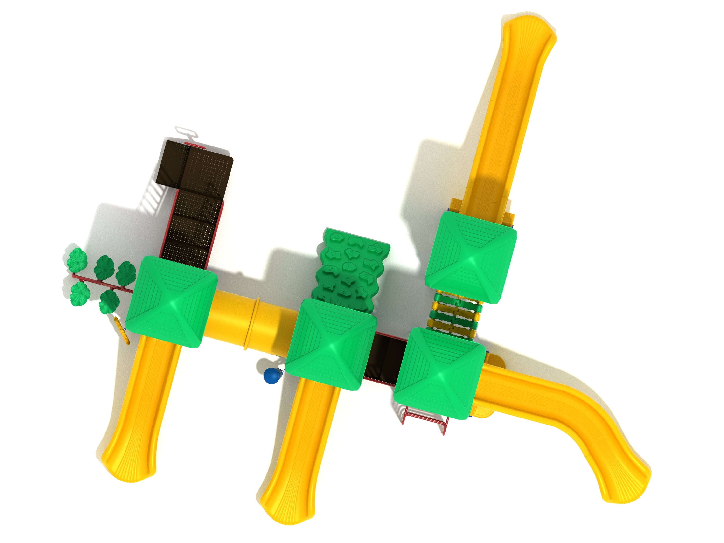 Overhead view of a large yellow and green playground structure with multiple slides, climbing walls, bridges, and accessible play features