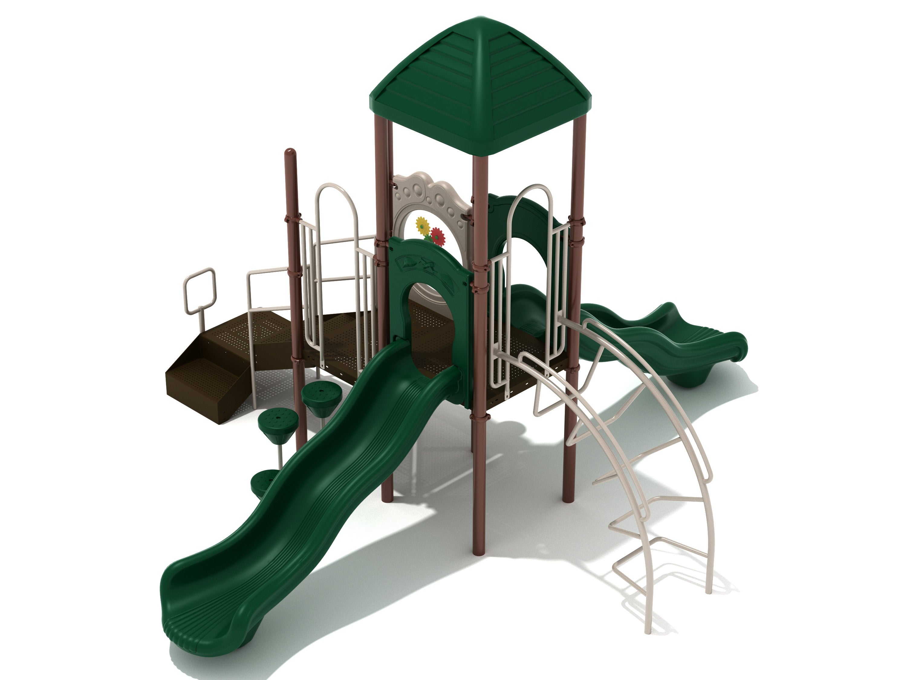 Playground structure with green wave slides, inverted arch ladder, pebble climbers, gear panel, ship’s wheel, and roofed platform