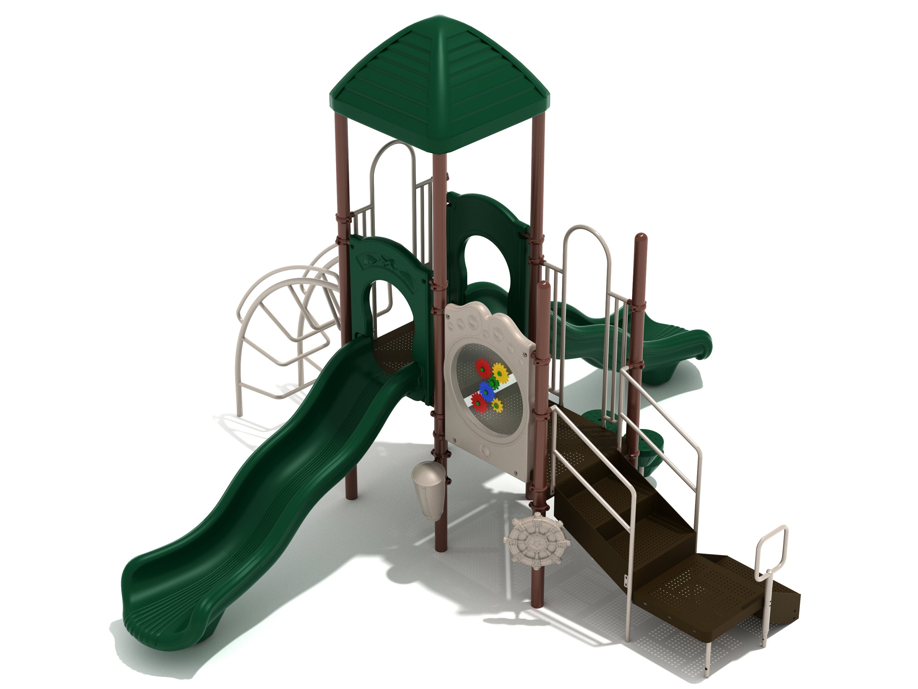 Compact playground with dual green wave slides, inverted arch ladder, pebble climbers, gear panel, ship’s wheel, and accessible stairs.