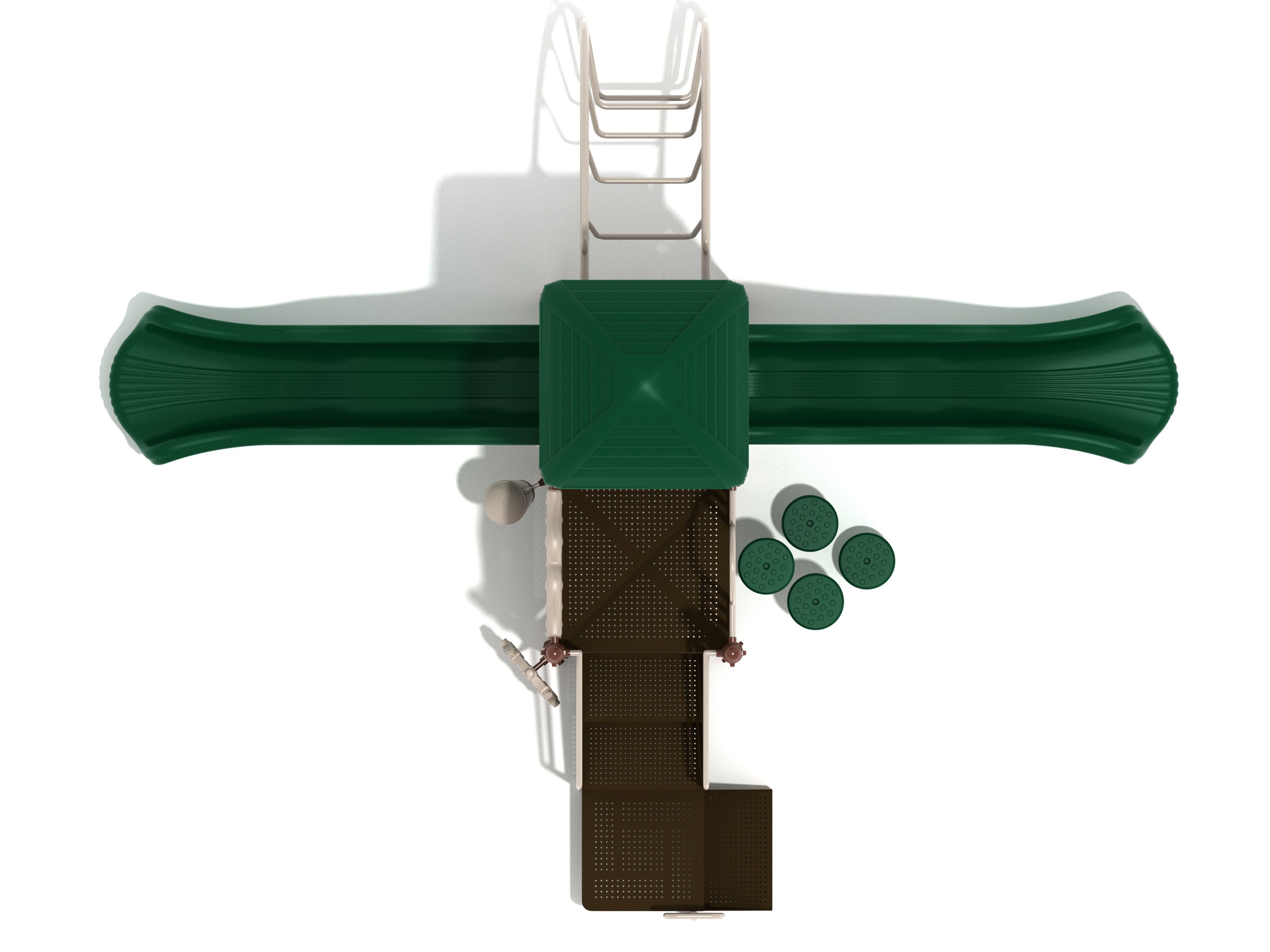 Overhead view of playground with twin green wave slides, green roof, climbing ladder, and circular stepping stone climbers