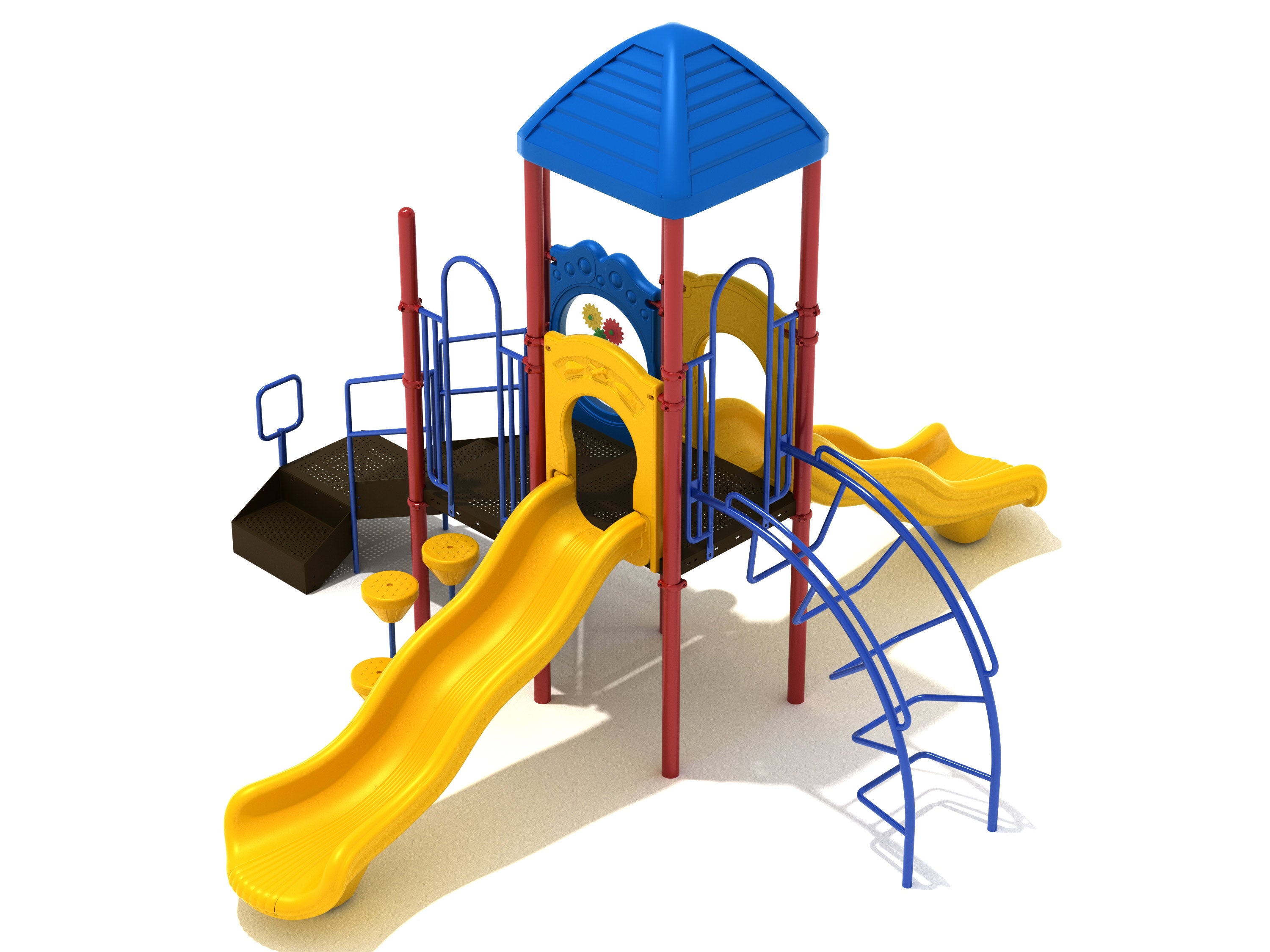 Benedict Canyon Playground with twin yellow wave slides, blue roof, inverted arch ladder, pebble climbers, gear panel, and ship’s wheel