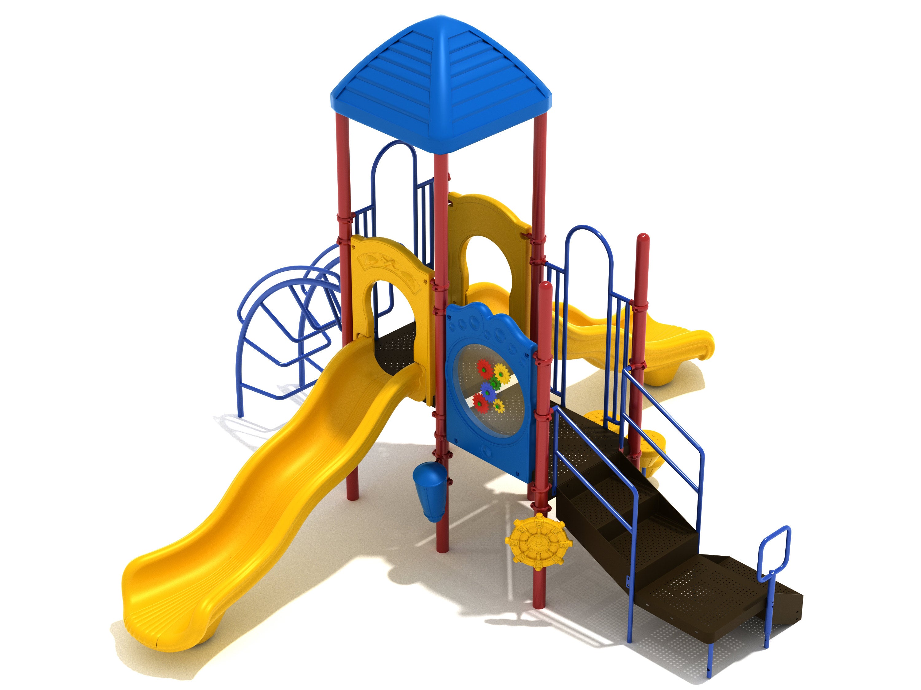 Colorful playground structure with dual yellow wave slides, blue roof, inverted arch ladder, gear panel, ship’s wheel, and pebble climbers.