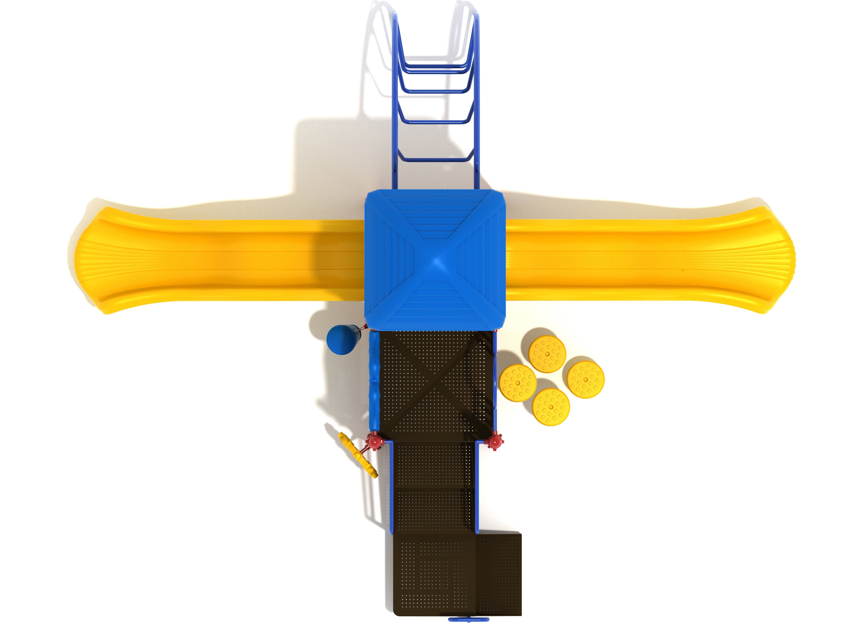 Overhead view of colorful playground with twin yellow wave slides, blue roof, climbing ladder, interactive play panels, and musical drum.