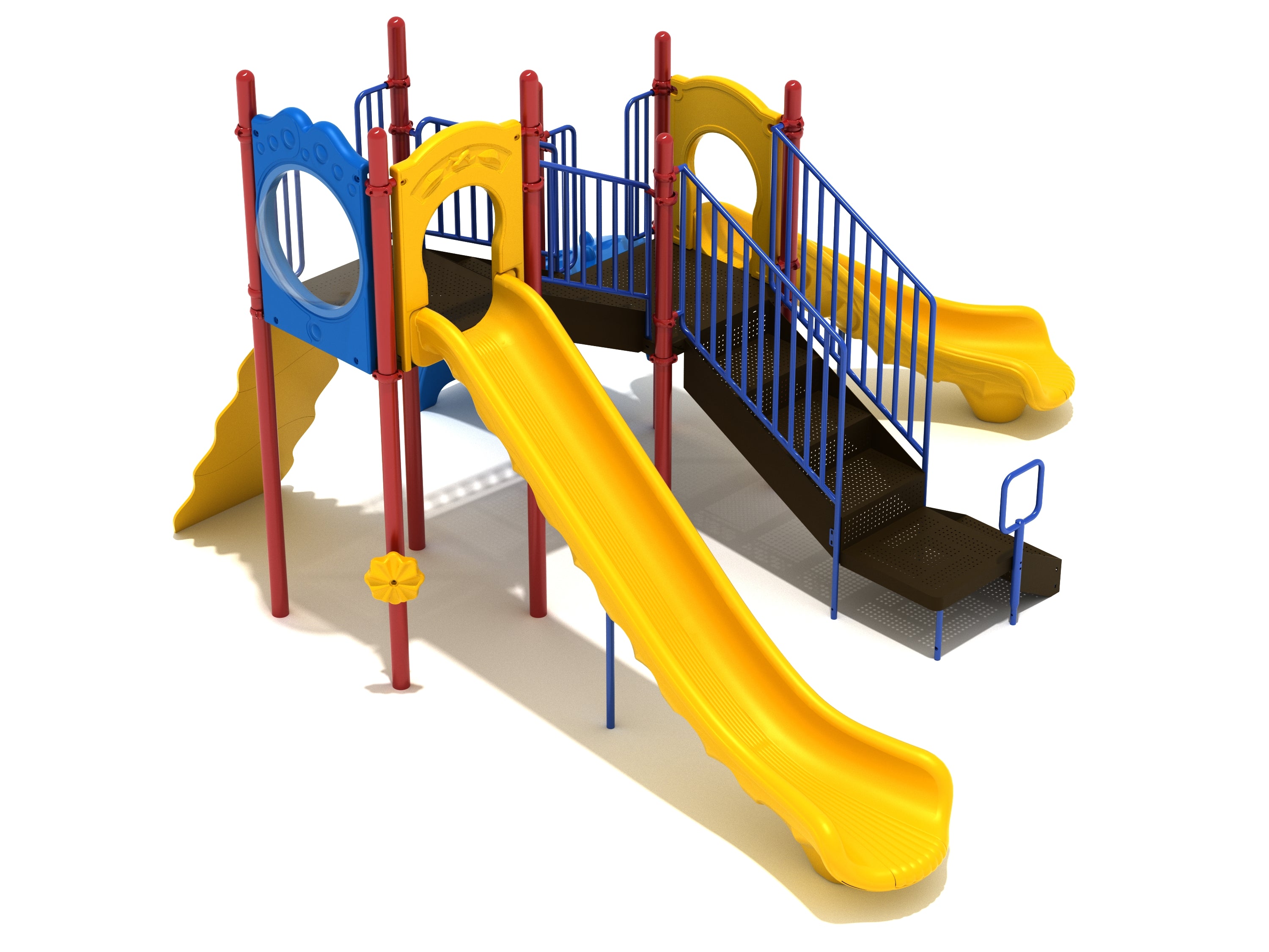 Colorful playground structure with two yellow slides, blue railings, red posts, rock climbing wall, and sea creature climber.