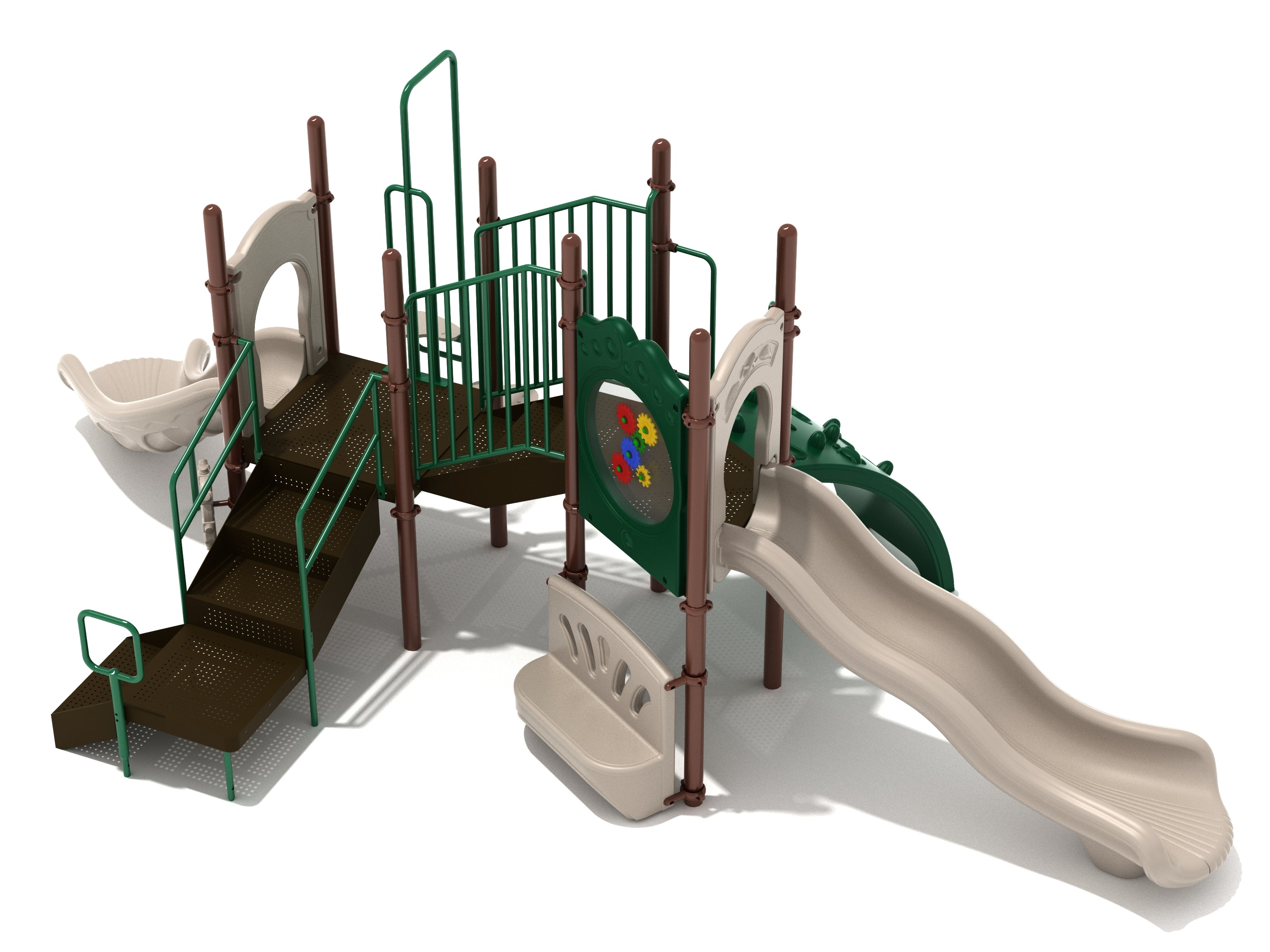 Nautical-themed playground with two slides, interactive gear panel, seashell and starfish climbers, and natural green tones
