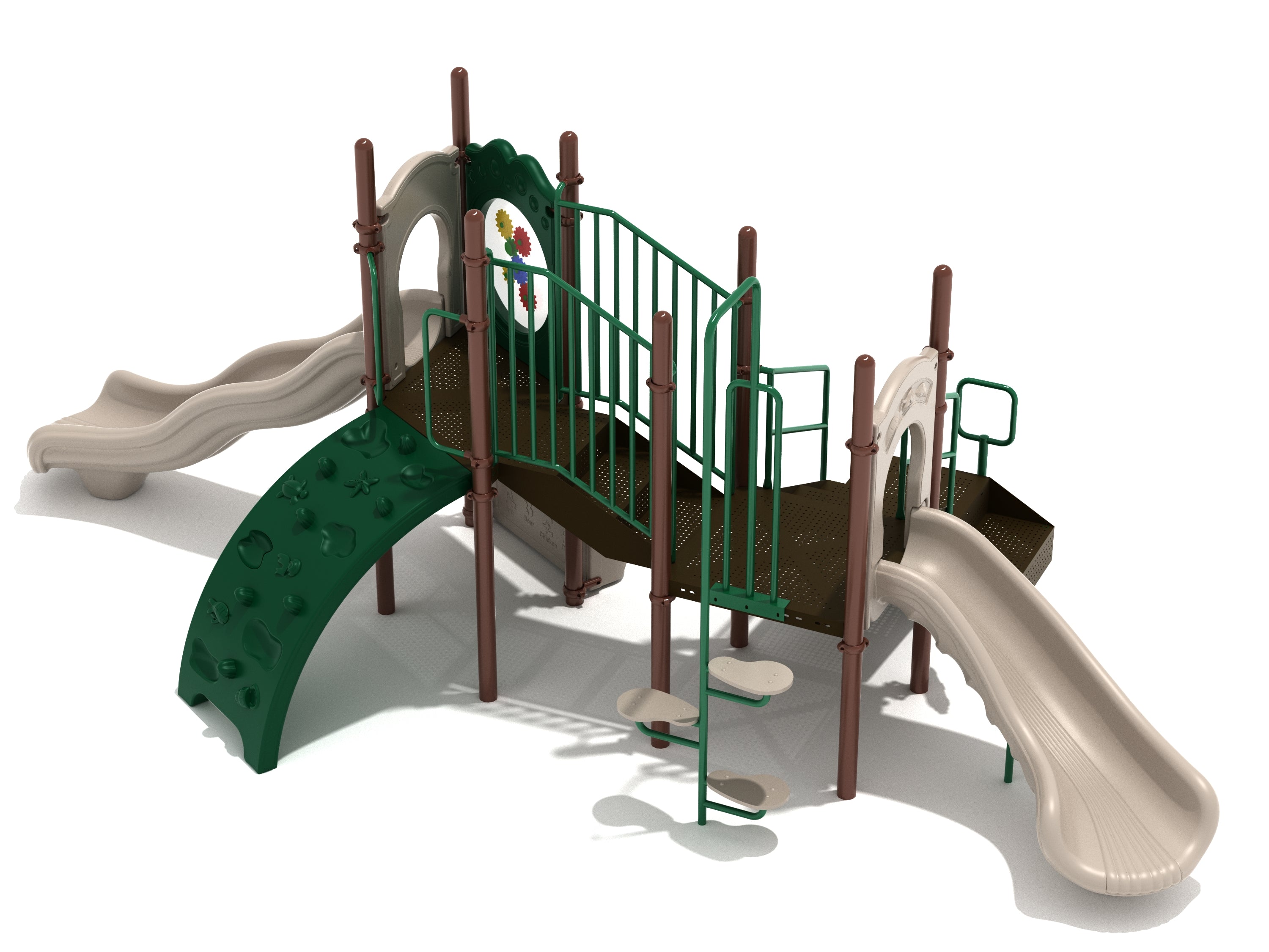 Nautical-themed playground with two beige slides, green sea creature climbing wall, interactive gear panel, and pea pod climber