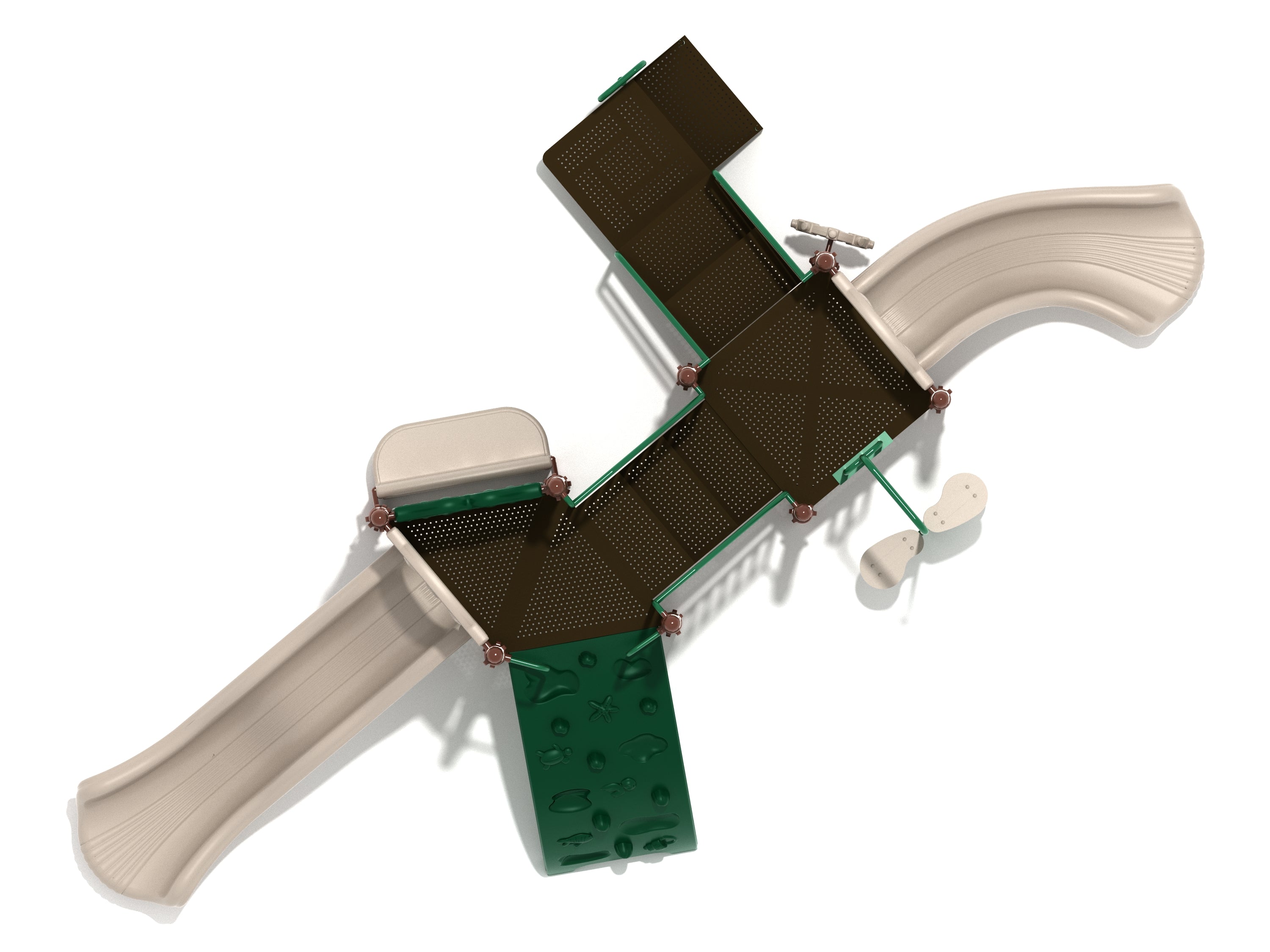 Overhead view of nautical-themed playground with two slides, sea creature climbing wall, ship's wheel, and interactive panels