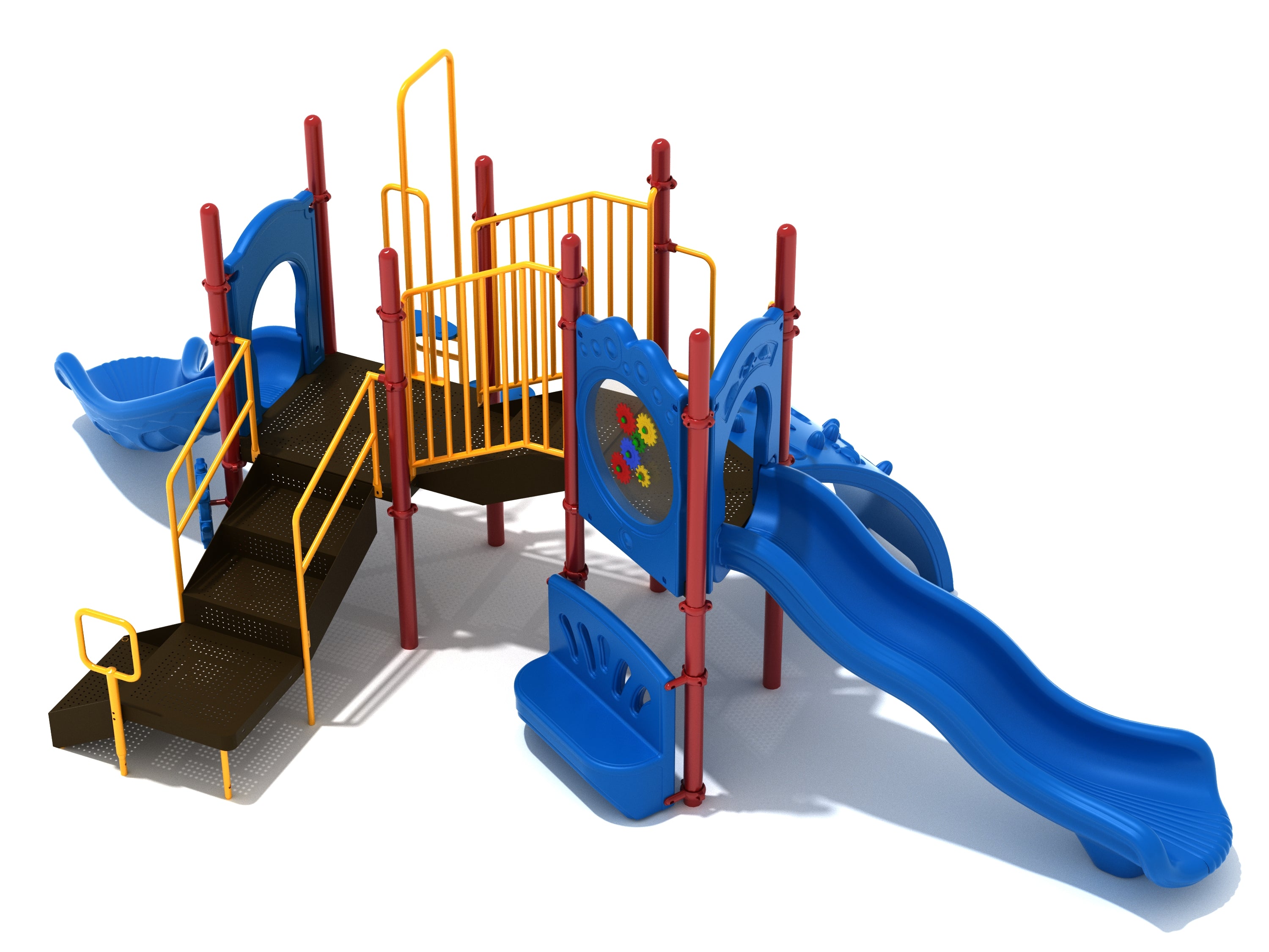 Grand Cove play system in primary colors with blue double-wave slide, yellow railings and red posts