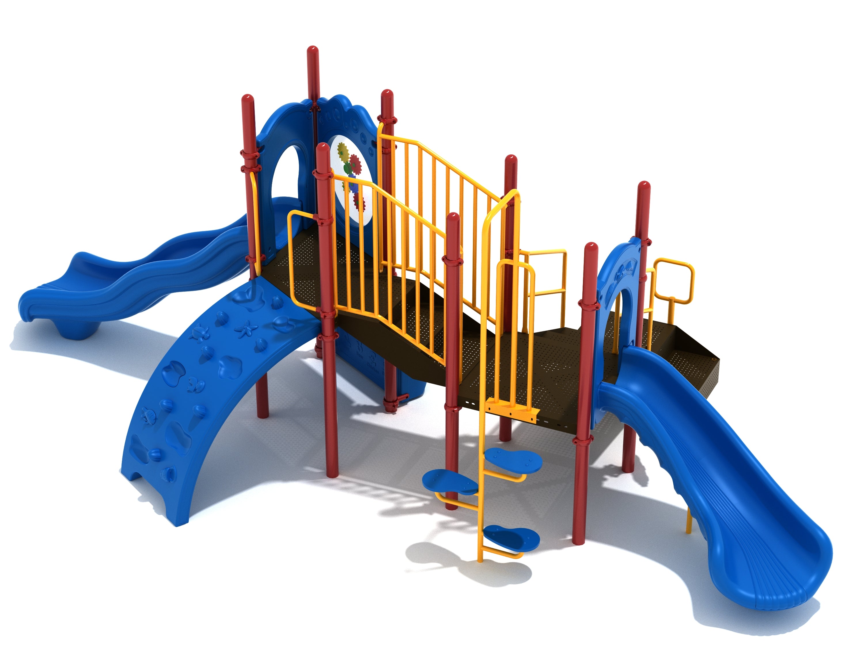 Grand Cove Playground with primary color nautical theme, wave and right turn slides, sea creature climber, pea pod steps, and gear panel