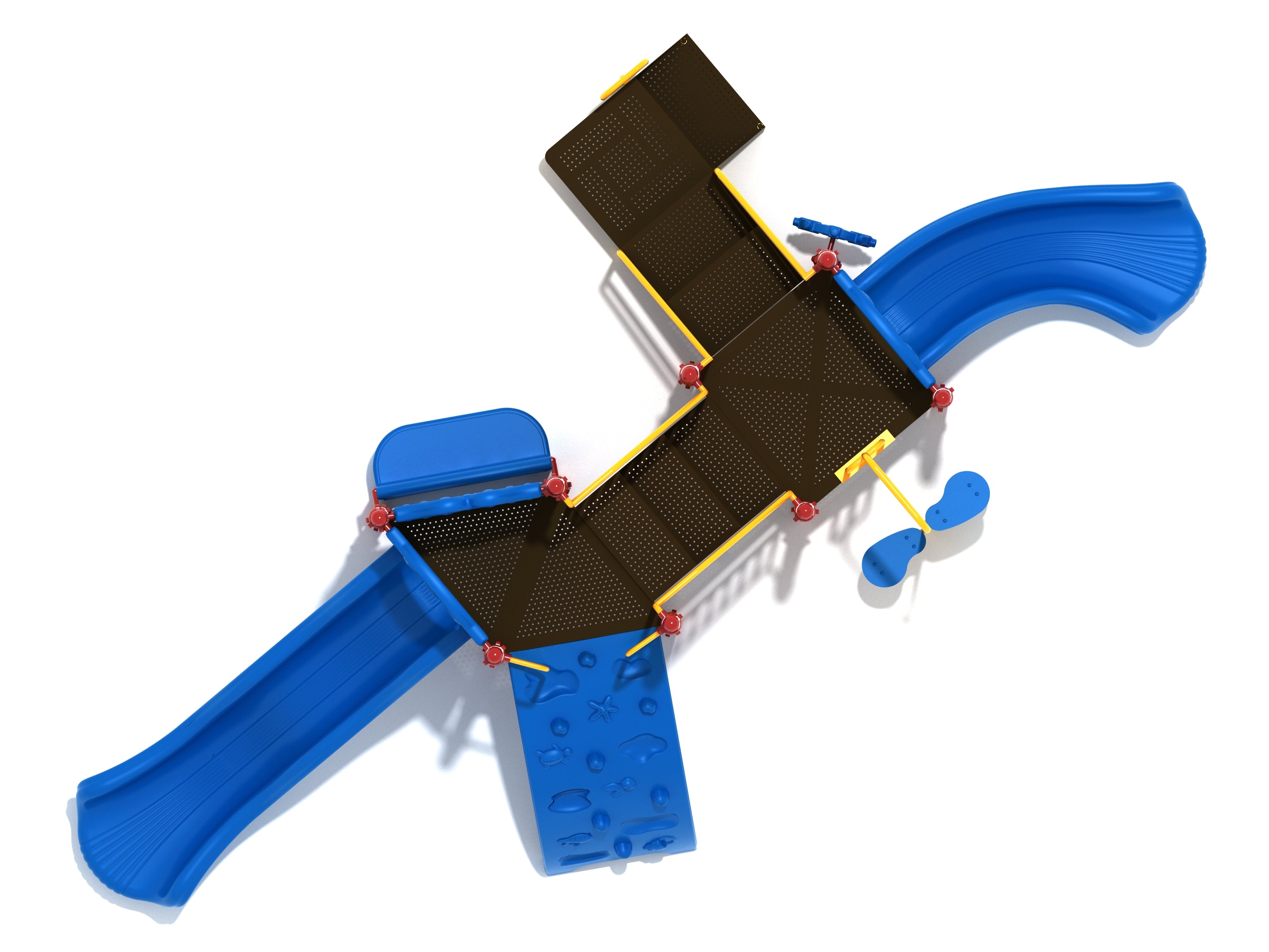 Overhead view of nautical-themed playground with two blue slides, sea creature climber, ship’s wheel, and interactive play panels