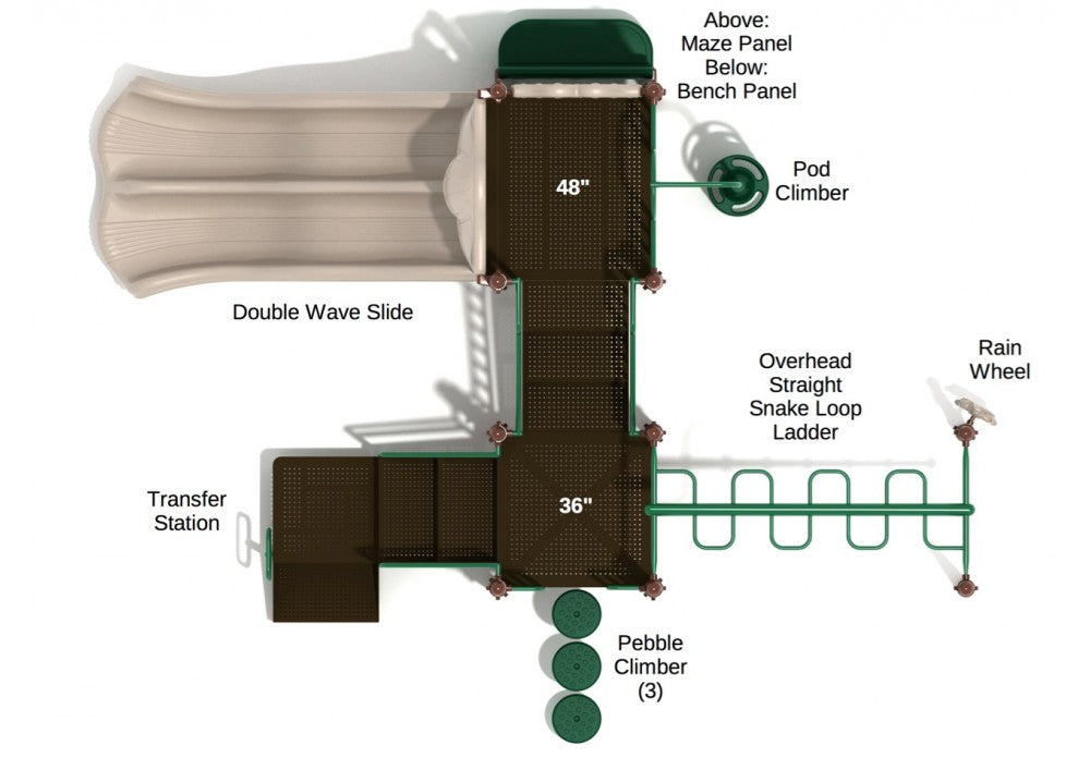 Overhead view of playground with double wave slide, pod and pebble climbers, overhead snake ladder, maze and bench panels, rain wheel, and transfer station