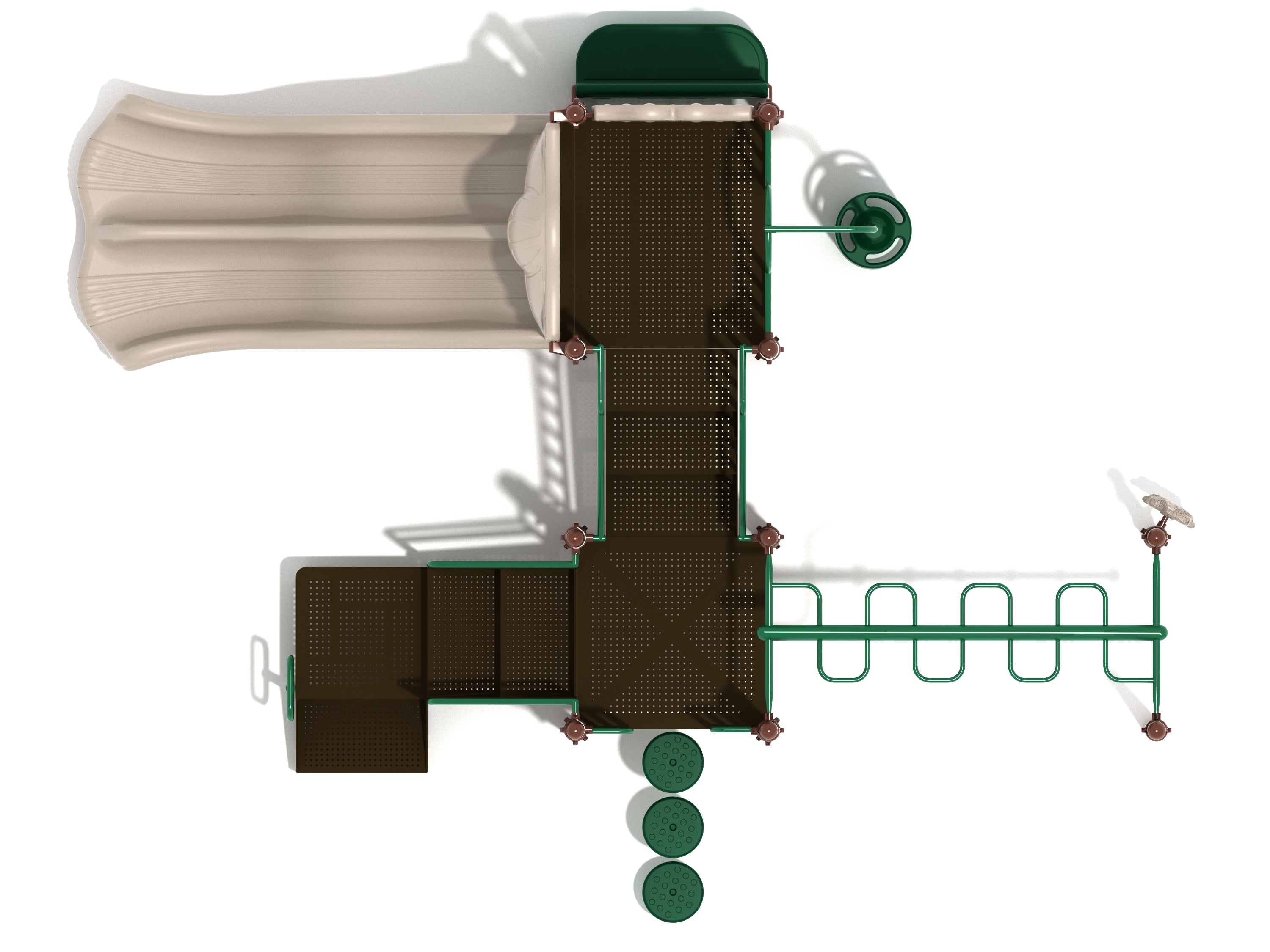 Overhead view of playground with tan double wave slide, green climbing bars, brown platforms, pod and pebble climbers, and overhead snake ladder