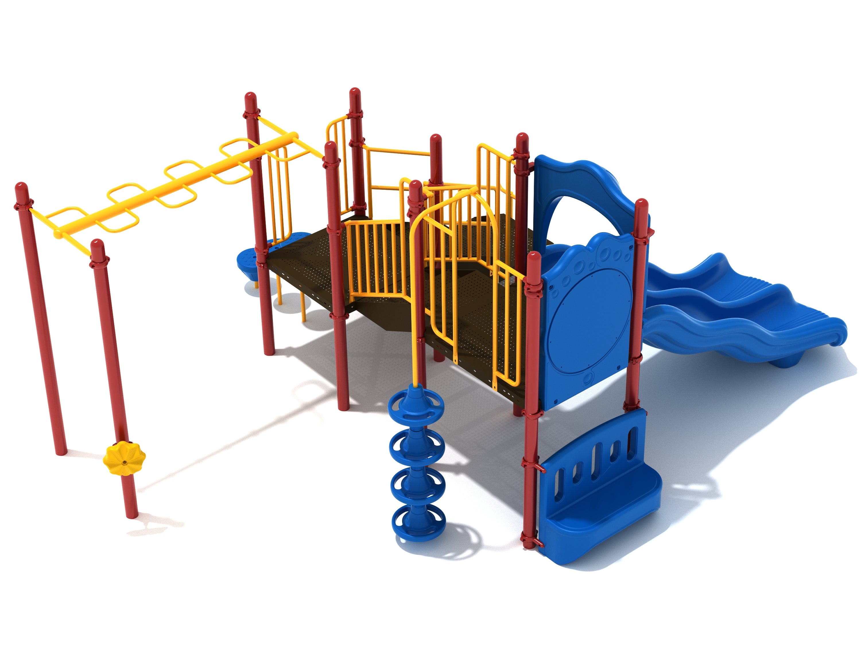 Colorful playground structure with double wave slide, overhead snake ladder, pod and pebble climbers, and activity panels.