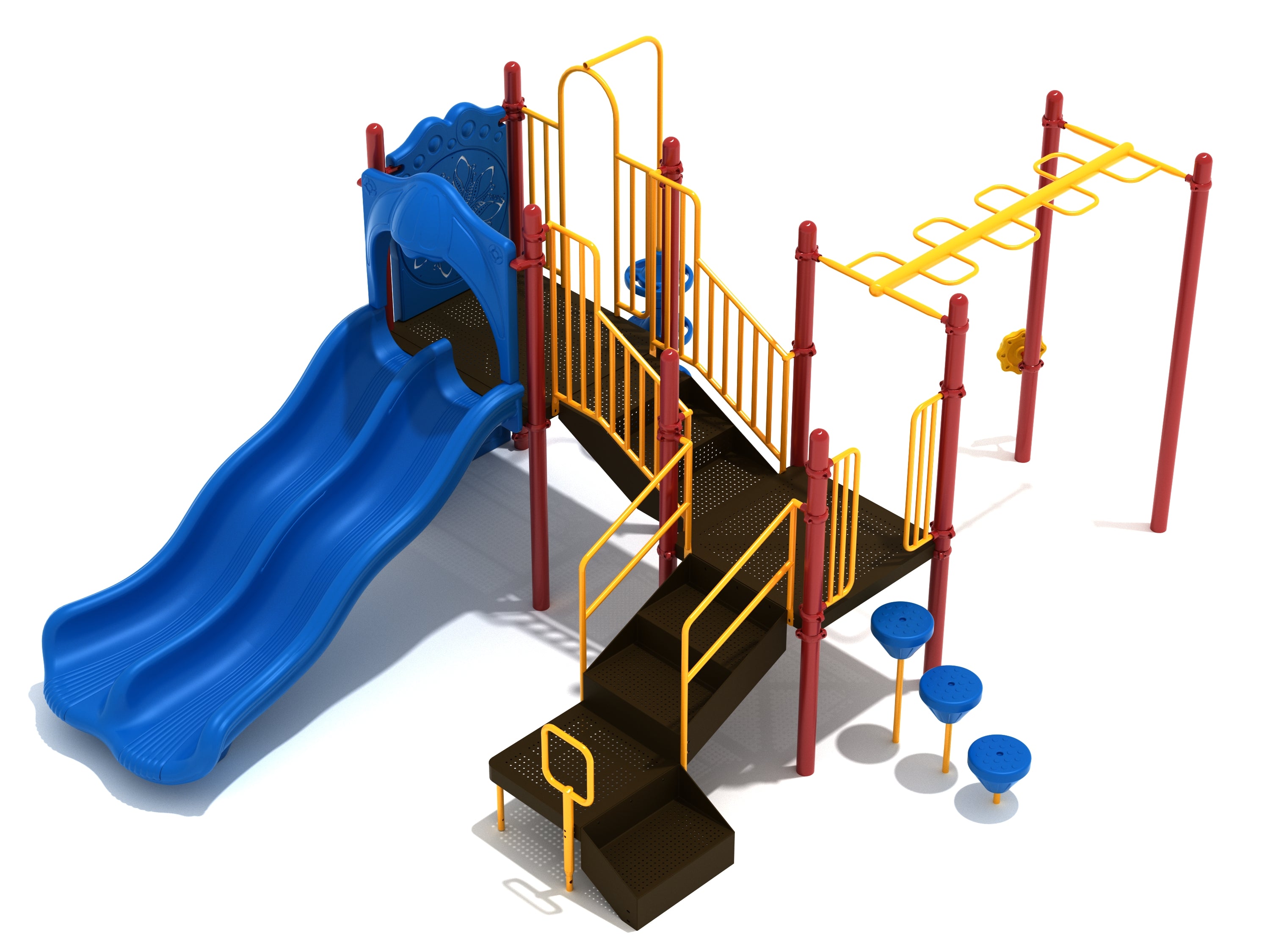 Hudson Yards Playground with blue double wave slide, yellow railings, red posts, monkey bars, and blue stepping pods in primary colors
