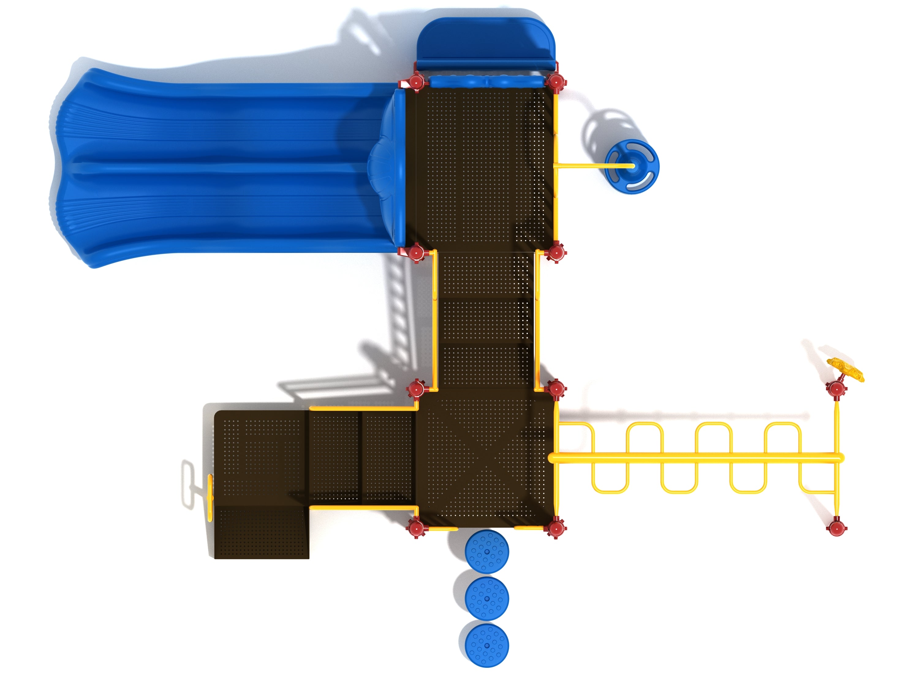 Overhead view of a colorful playground with blue slides, yellow climbing bars, interactive panels, and climbing structures