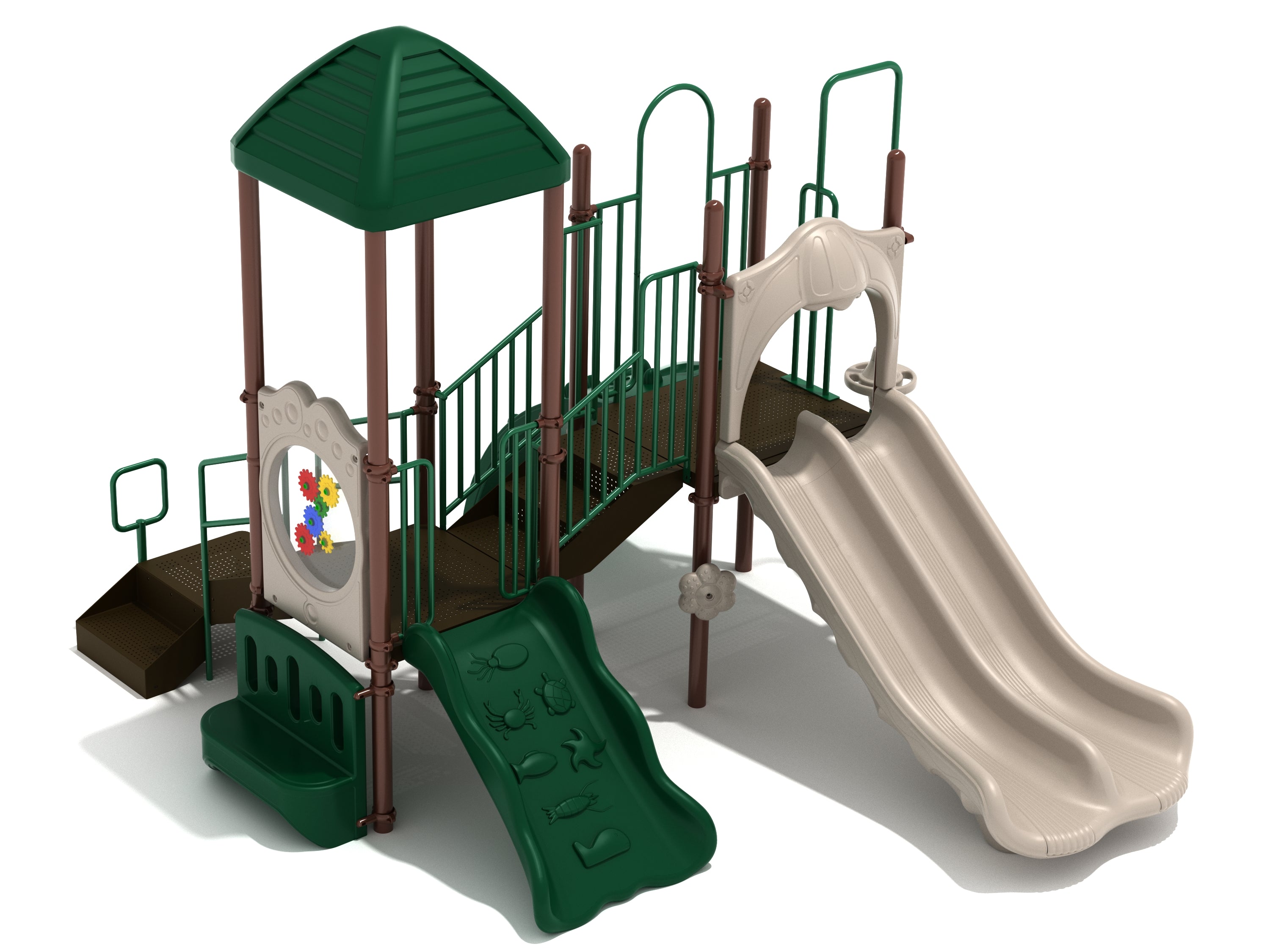 Neutral-toned playground with double beige slide, green sea creature climbing ramp, gear panel, and shaded platform