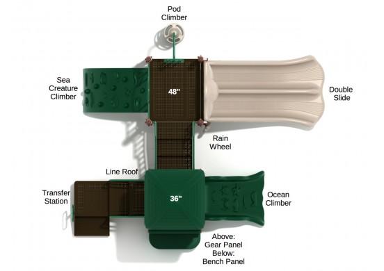 Overhead view of large playground with double slide, pod climber, sea creature and ocean climbers, rain wheel, gear and bench panels