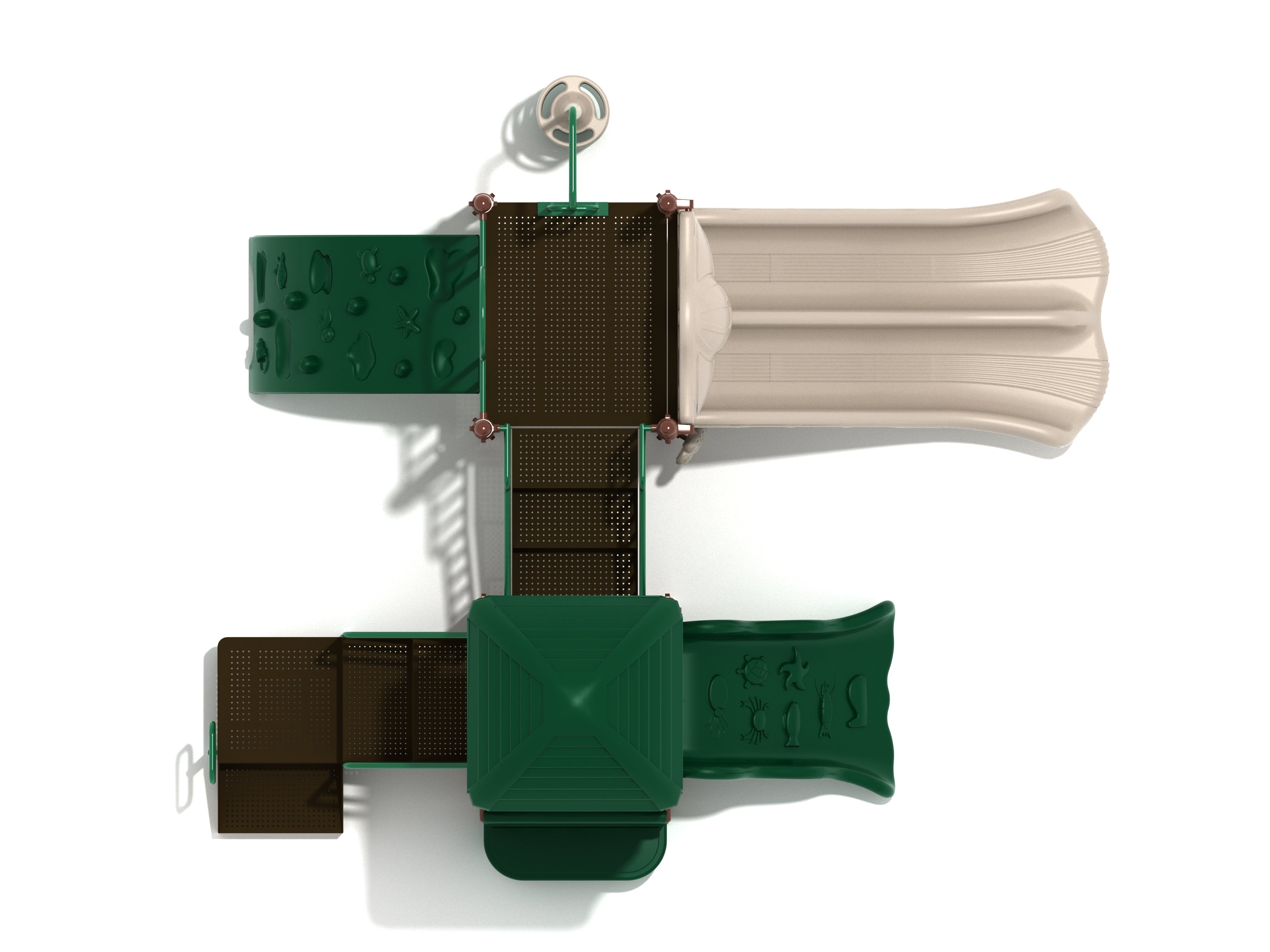 Overhead view of green and beige playground with double slide, climbing walls, nautical and ocean-themed climbers, and interactive panels