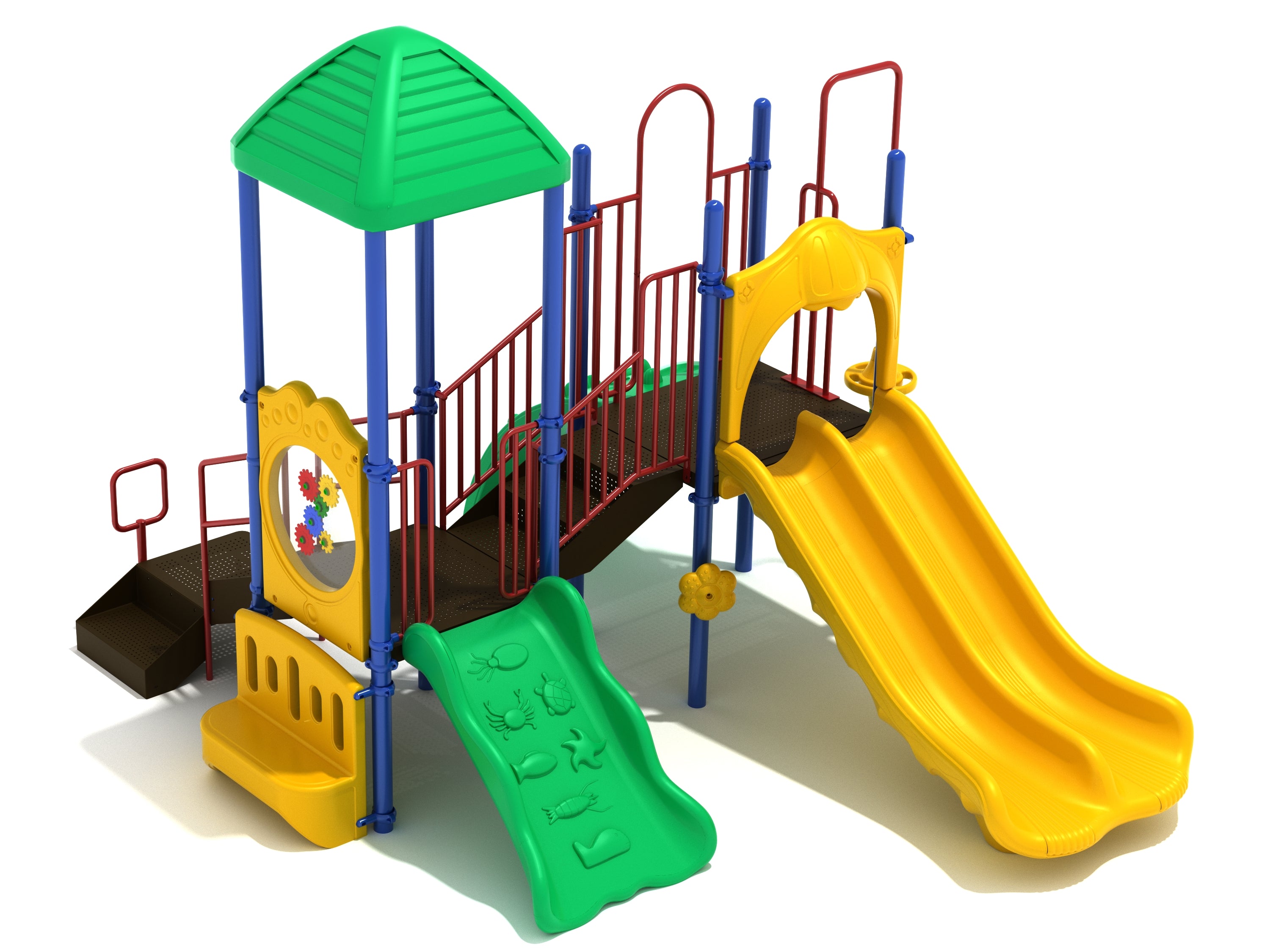 Los Arboles Play System with yellow double slide, green ocean-themed climber, gear panel, bench seat, and red railings