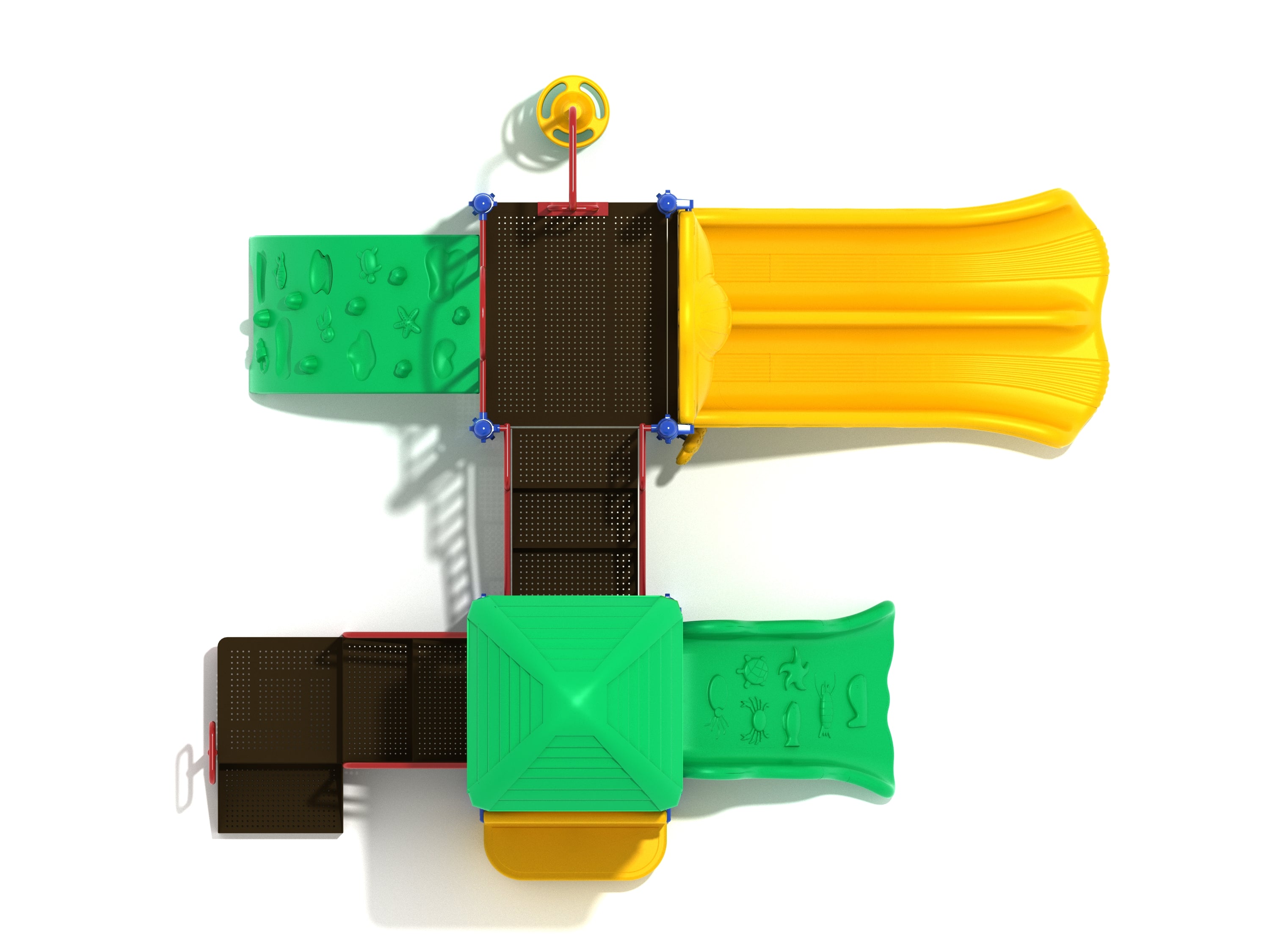 Overhead view of colorful playground with double yellow slide, green sea creature climbing panels, and green roofed platform