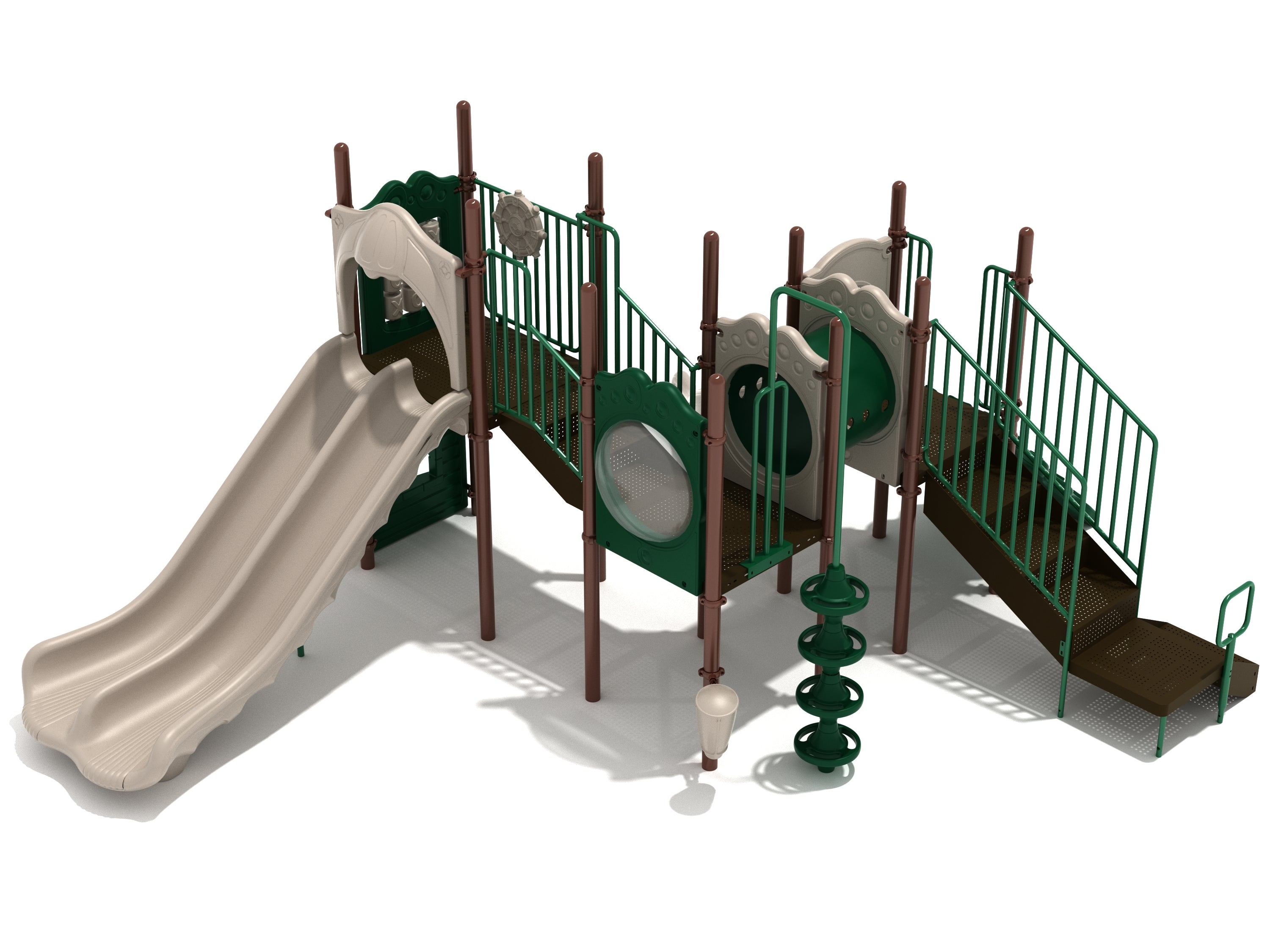 Playground structure with tan double wave slide, green railings, brown platforms, rain wheel, and climbers.