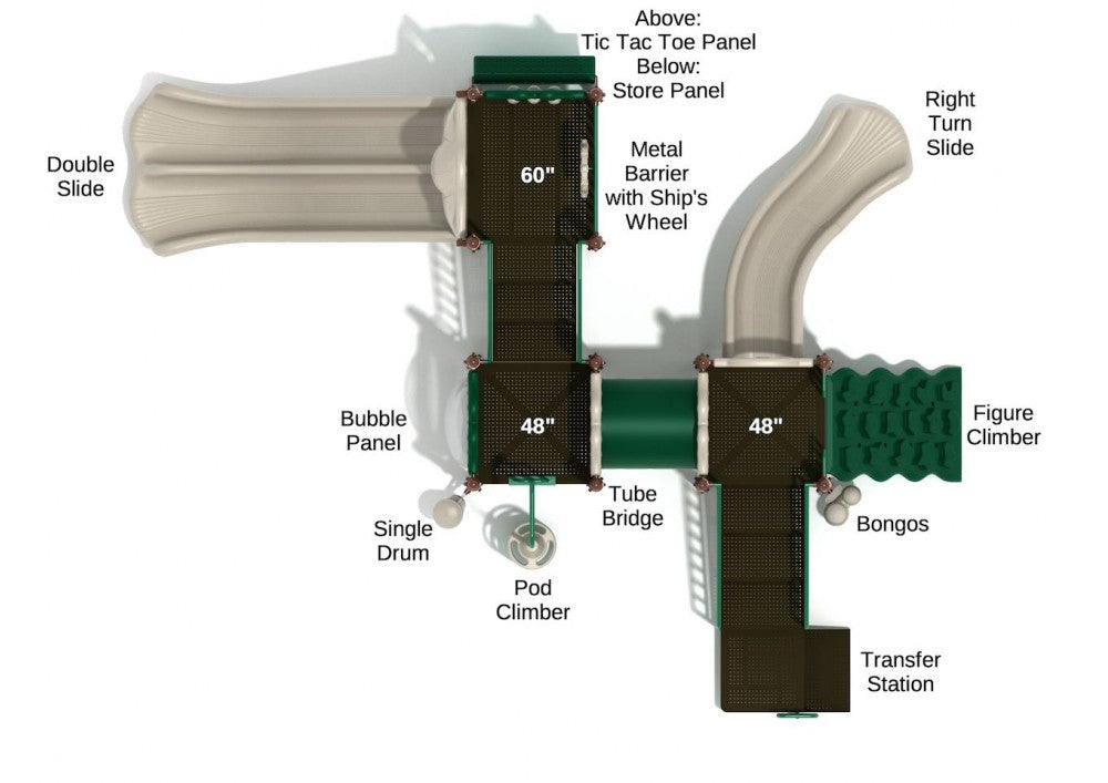Overhead view of a neutral-toned playground with double slide, climbers, tube bridge, and interactive panels