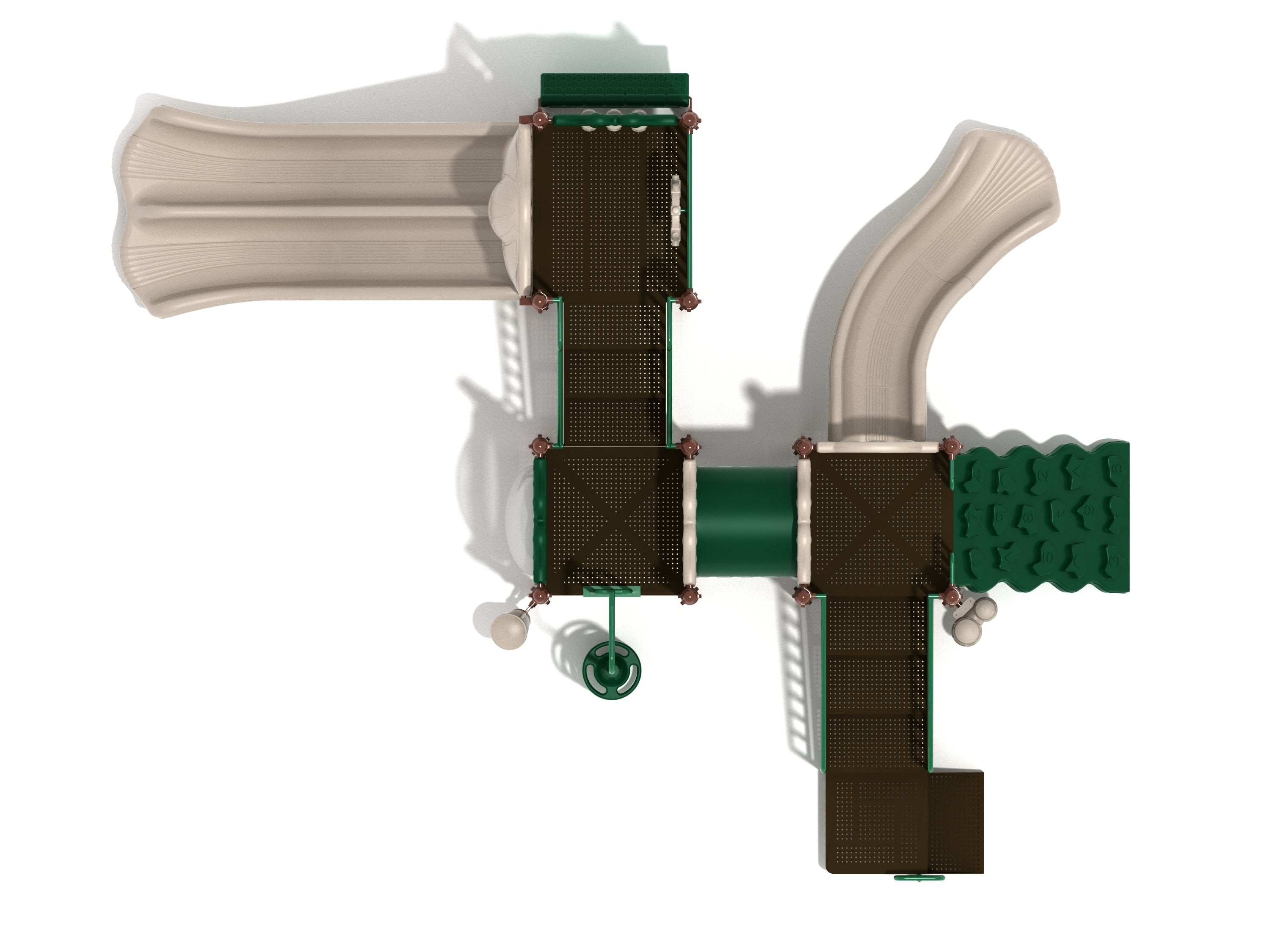 Overhead view of a large playground structure with tan slides, green climbing wall, brown platforms, and multiple play features