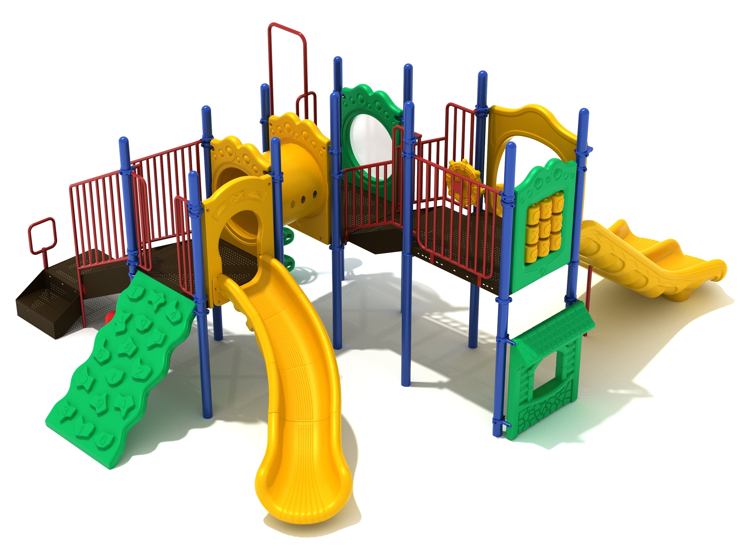 Rose Creek Playground with primary colors, double wave and curved slides, tube tunnel, climbing wall, and activity panels for ages 5-12