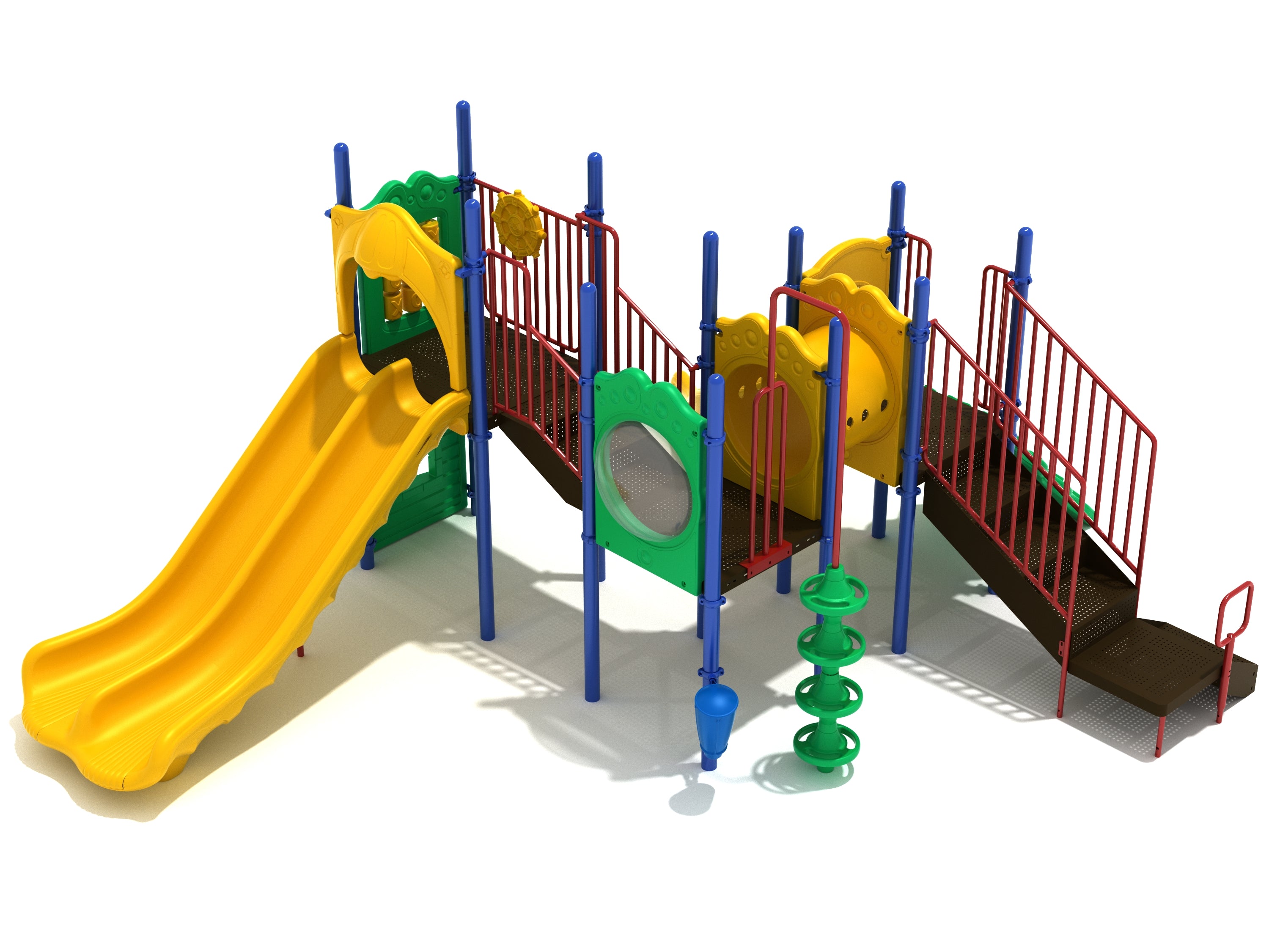 Colorful playground structure with double yellow slides, red railings, green panels, climbing features, maze and rain wheel panels.