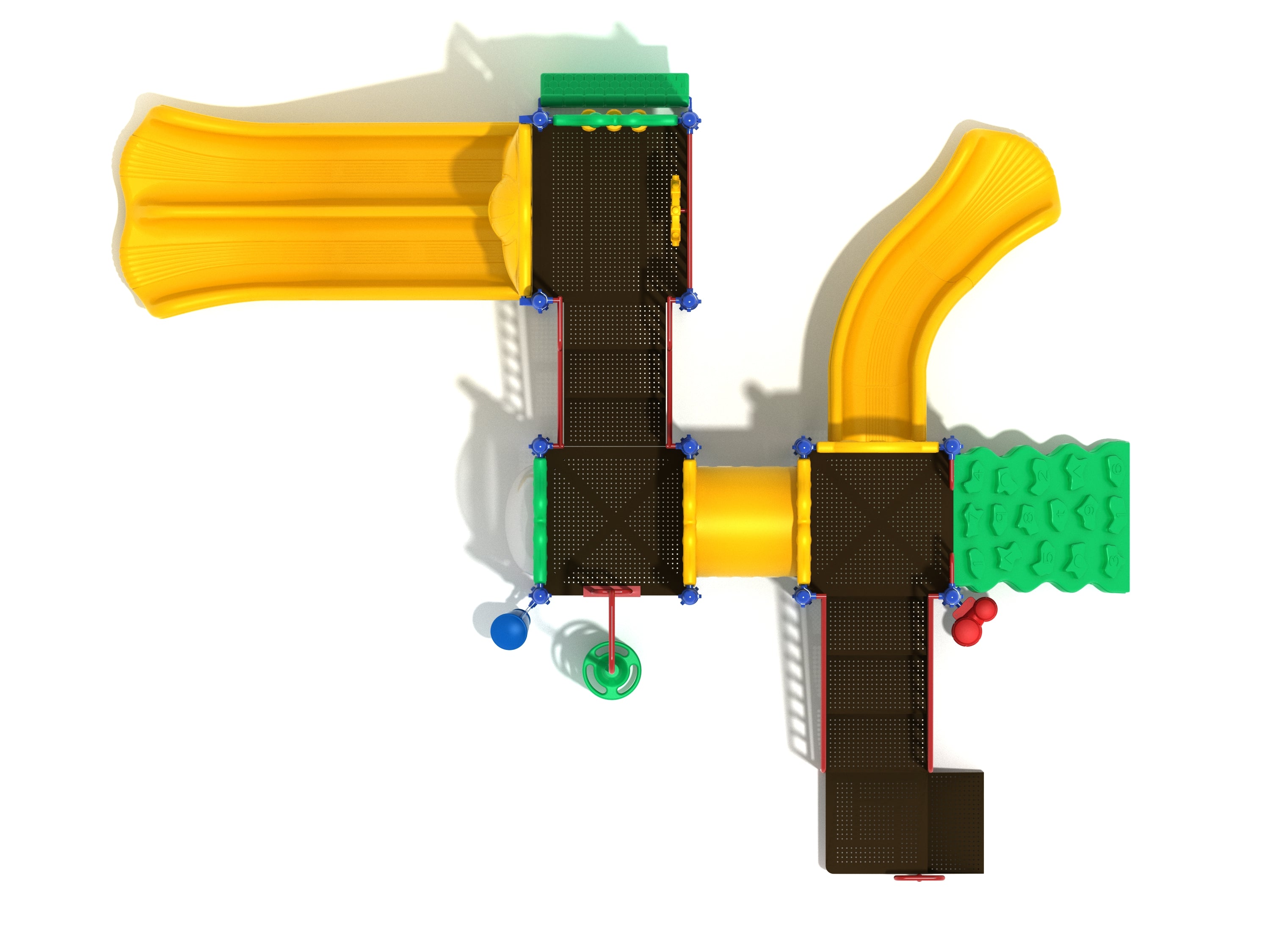 Overhead view of colorful playground with double wave and curved slides, climbing wall, activity panels, and overhead snake ladder