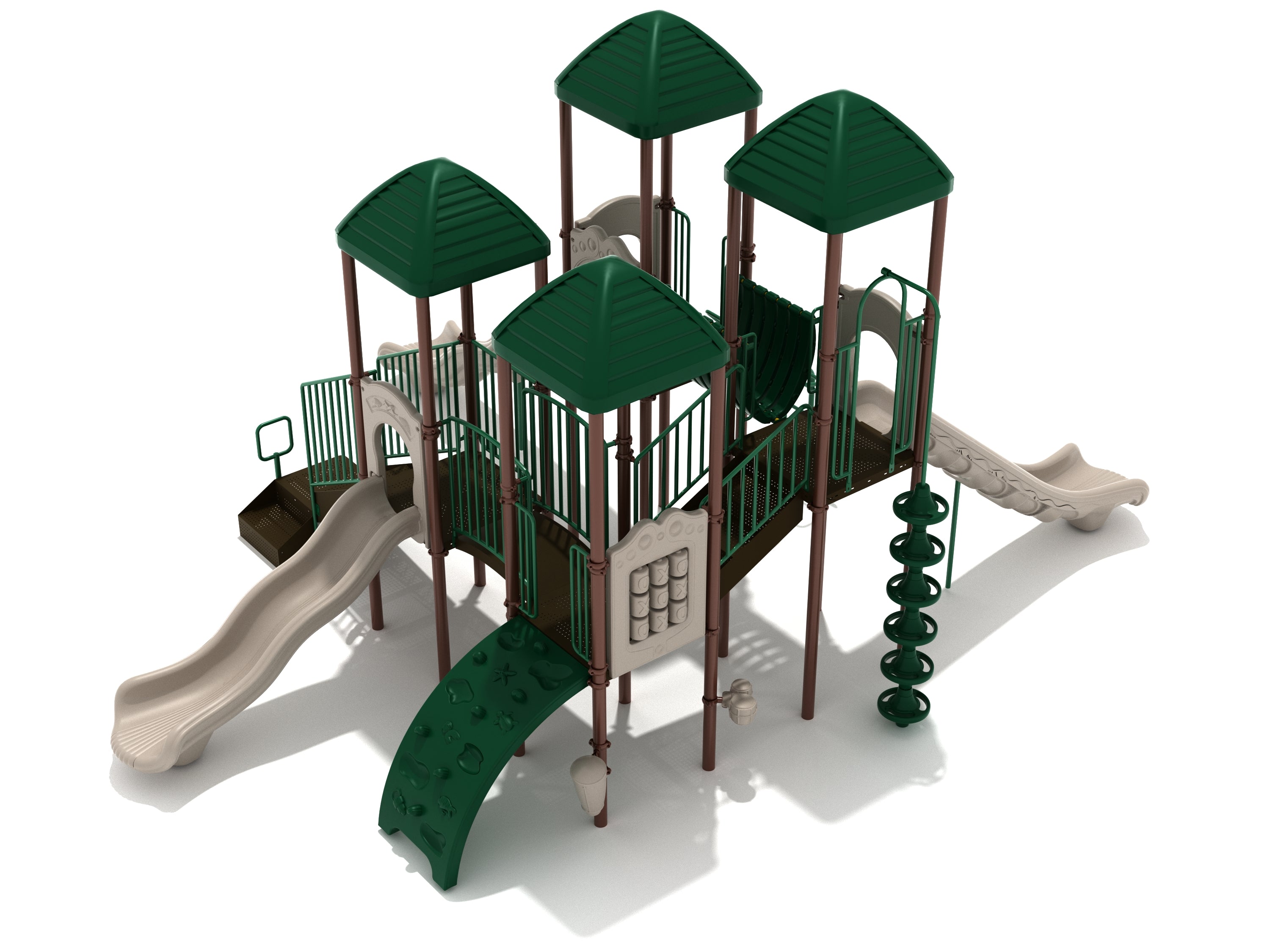 Outdoor playground structure with green roofs, beige slides, climbing wall, spiral climber, and tic-tac-toe panel