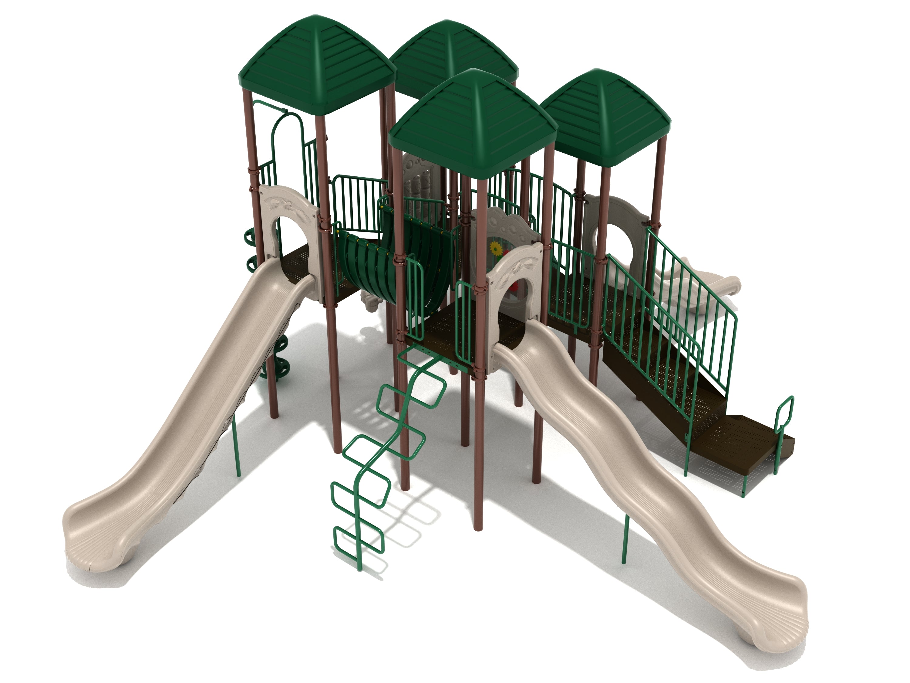 Neutral-toned playground structure with green roofs, two slides, climbing ladder, and connecting bridges