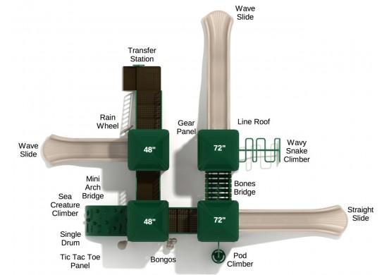 Overhead view of a large playground structure with multiple slides, climbers, bridges, and interactive panels in neutral and green tones