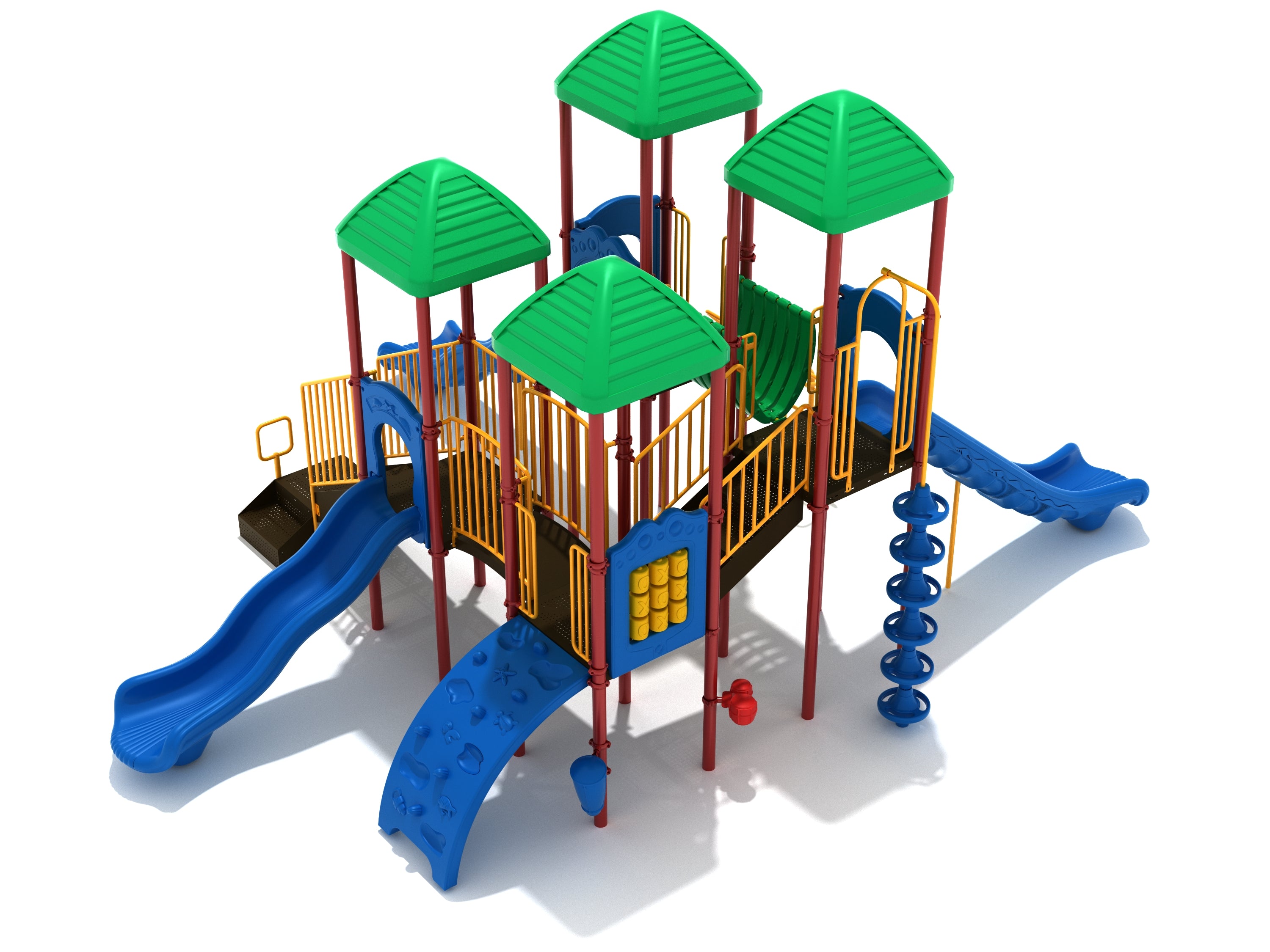 Overhead view of colorful playground with green roofs, blue slides, climbing wall, bridges, and interactive panels