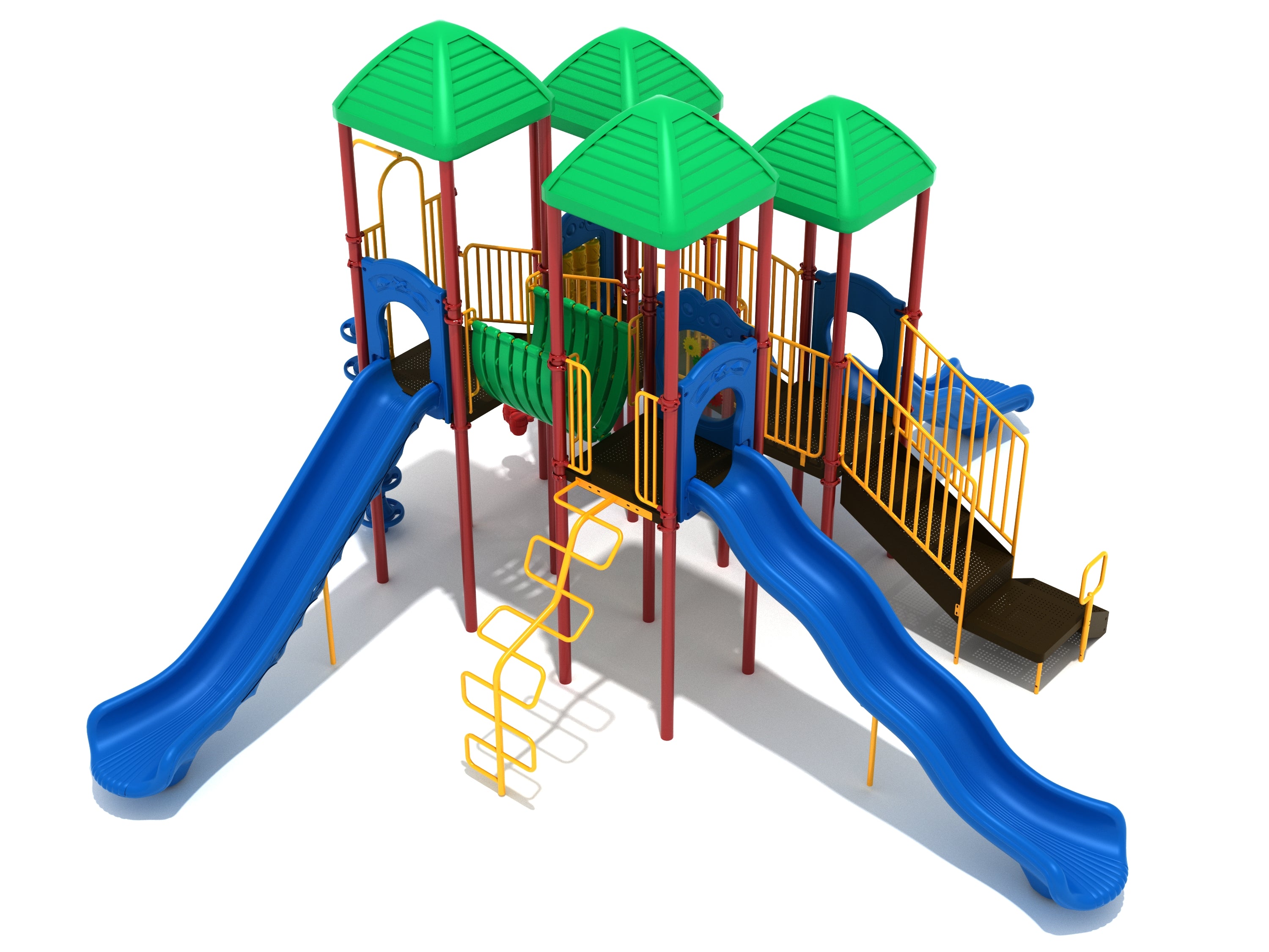 Brooks Towers Play System with green roofs, blue and yellow slides, climbing features, bridges, and interactive panels in playground setting