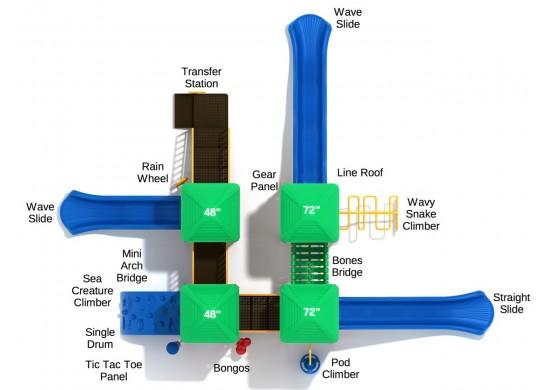 Large inclusive playground structure with blue slides, green platforms, bridges, climbers, and interactive play panels.